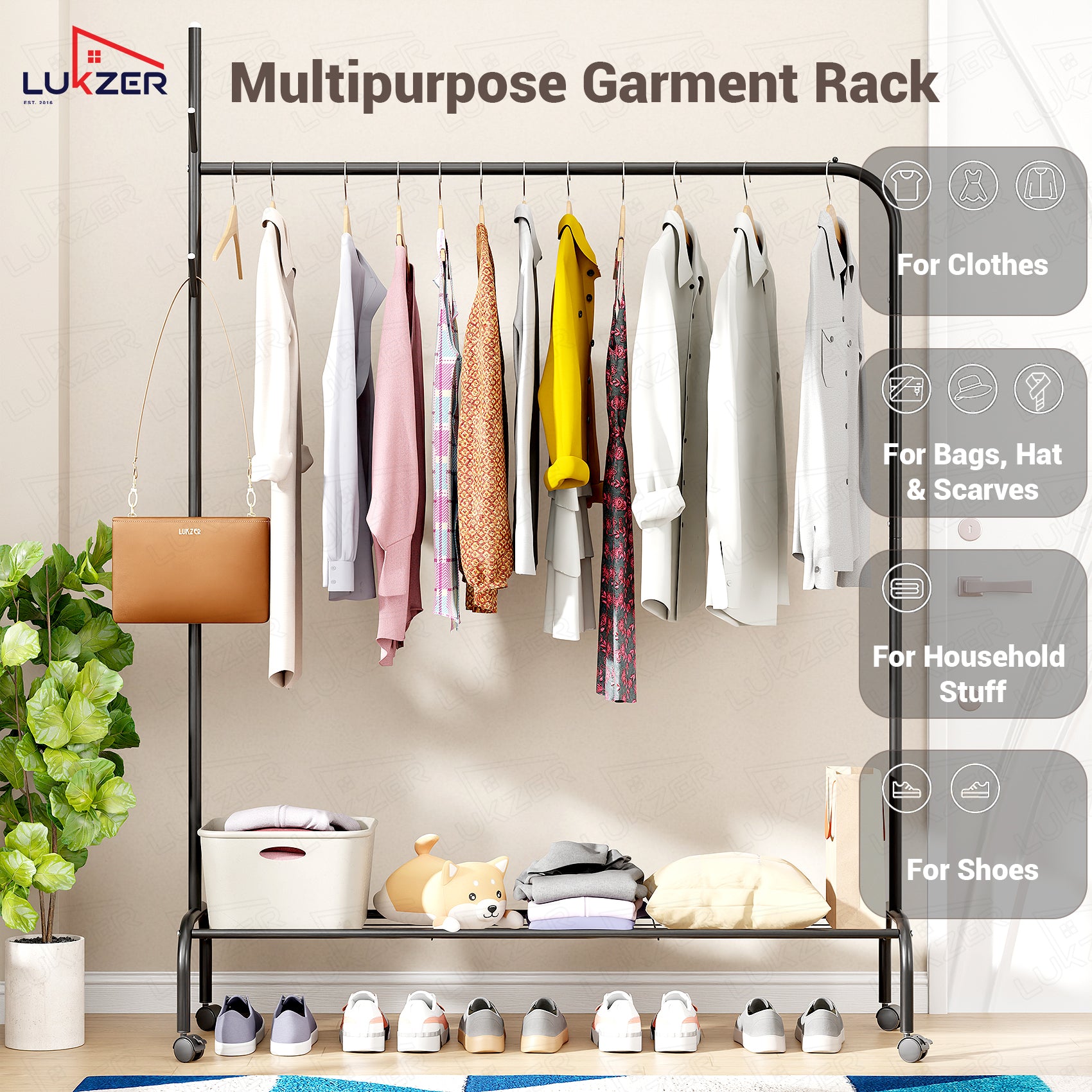 Lukzer Single Pole Portable Metal Garment Rack with Bottom Shelf (MGR-007/Black)