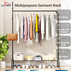 Lukzer Single Pole Portable Metal Garment Rack with Bottom Shelf (MGR-007/Black)