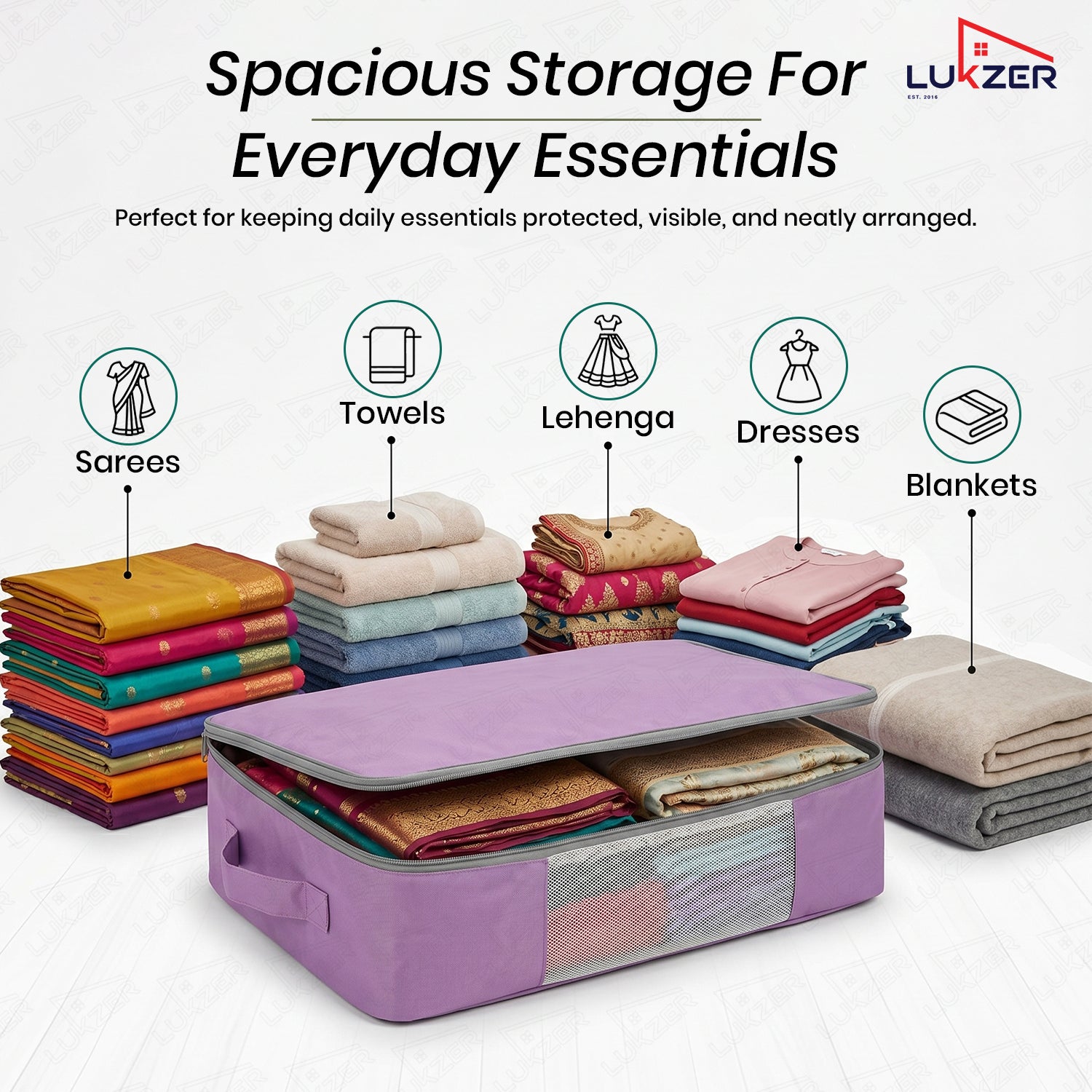 Lukzer 12Pcs Lavender Foldable Saree Cover/Bags with Zip & Mesh Window (Nylon)