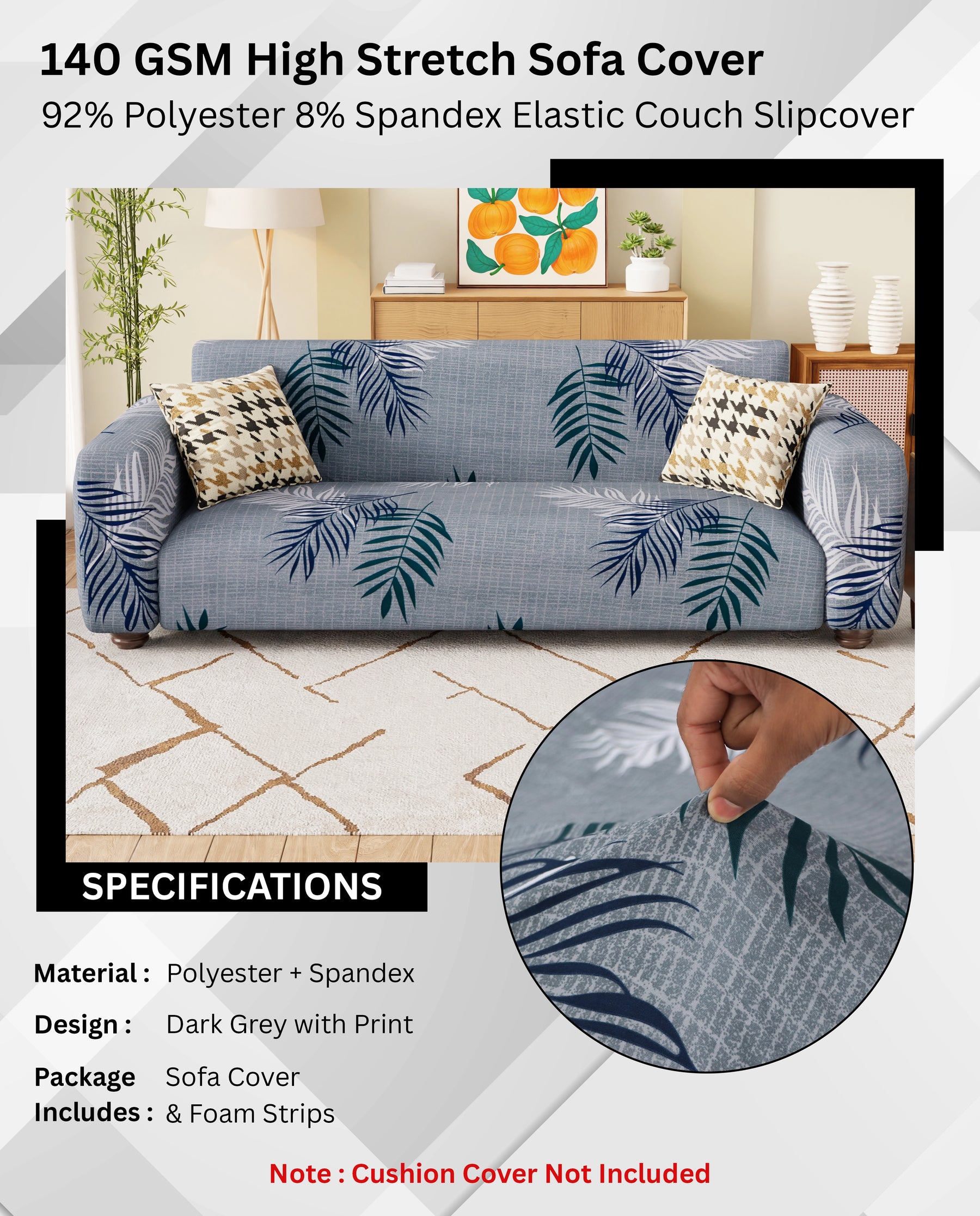 Lukzer Polyester Sofa Cover - Dark Grey with Print (SC-004-01)