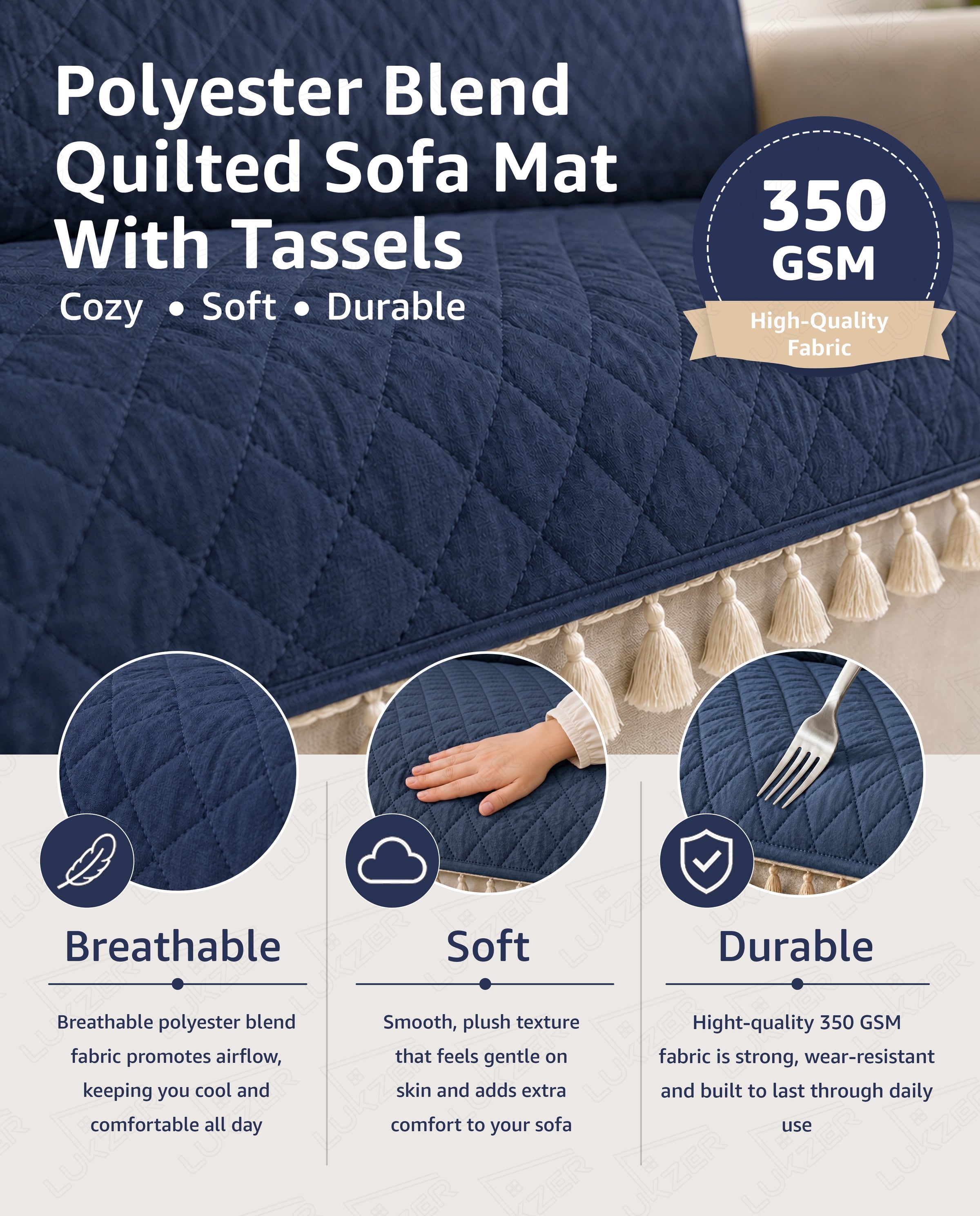 Lukzer 3 Seater Quilted Sofa Cover Mat with Tassels - Midnight Blue - SC-191-03T