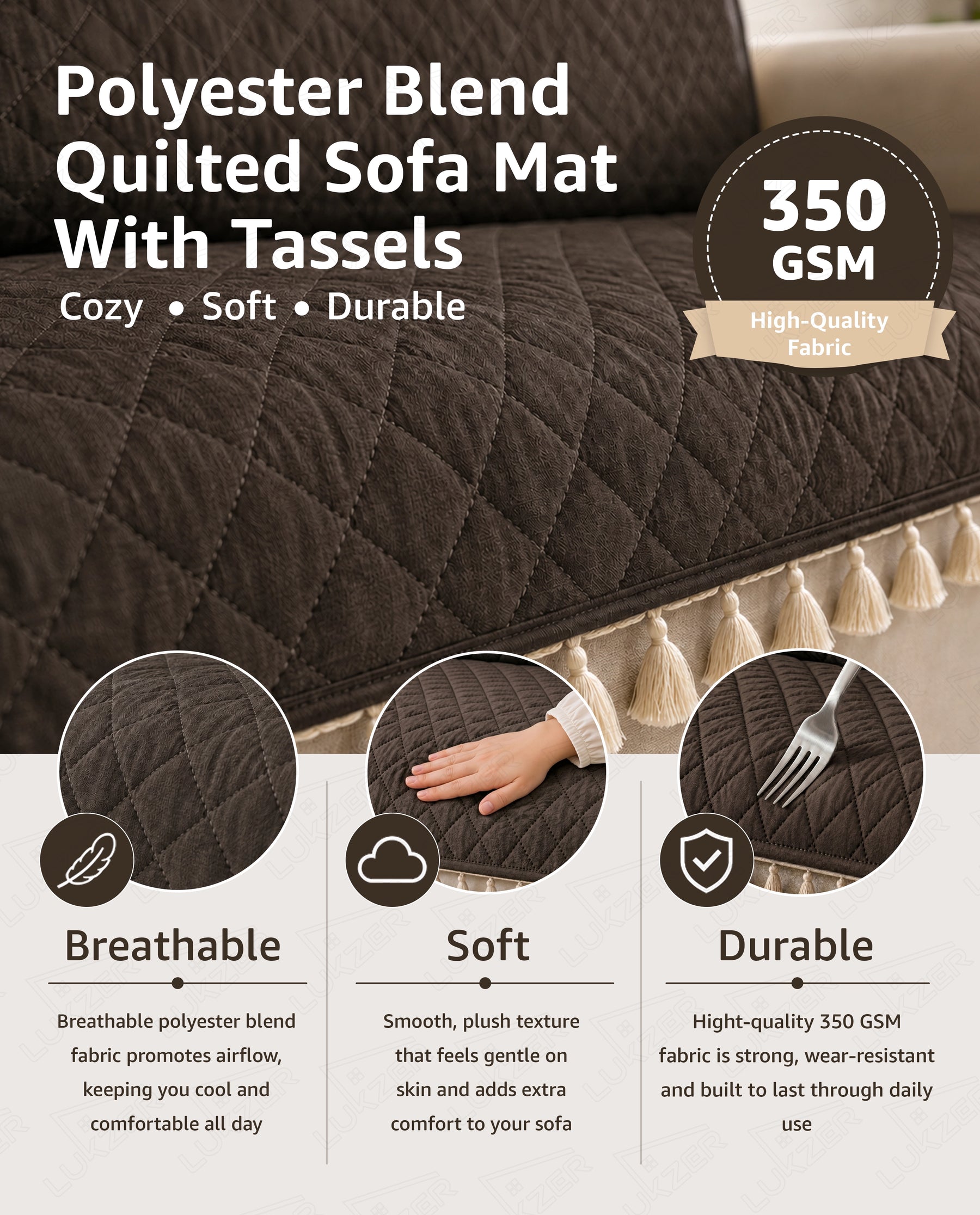 Lukzer 3 Seater Quilted Sofa Cover Mat with Tassels - Chocolate Brown - SC-192-03T