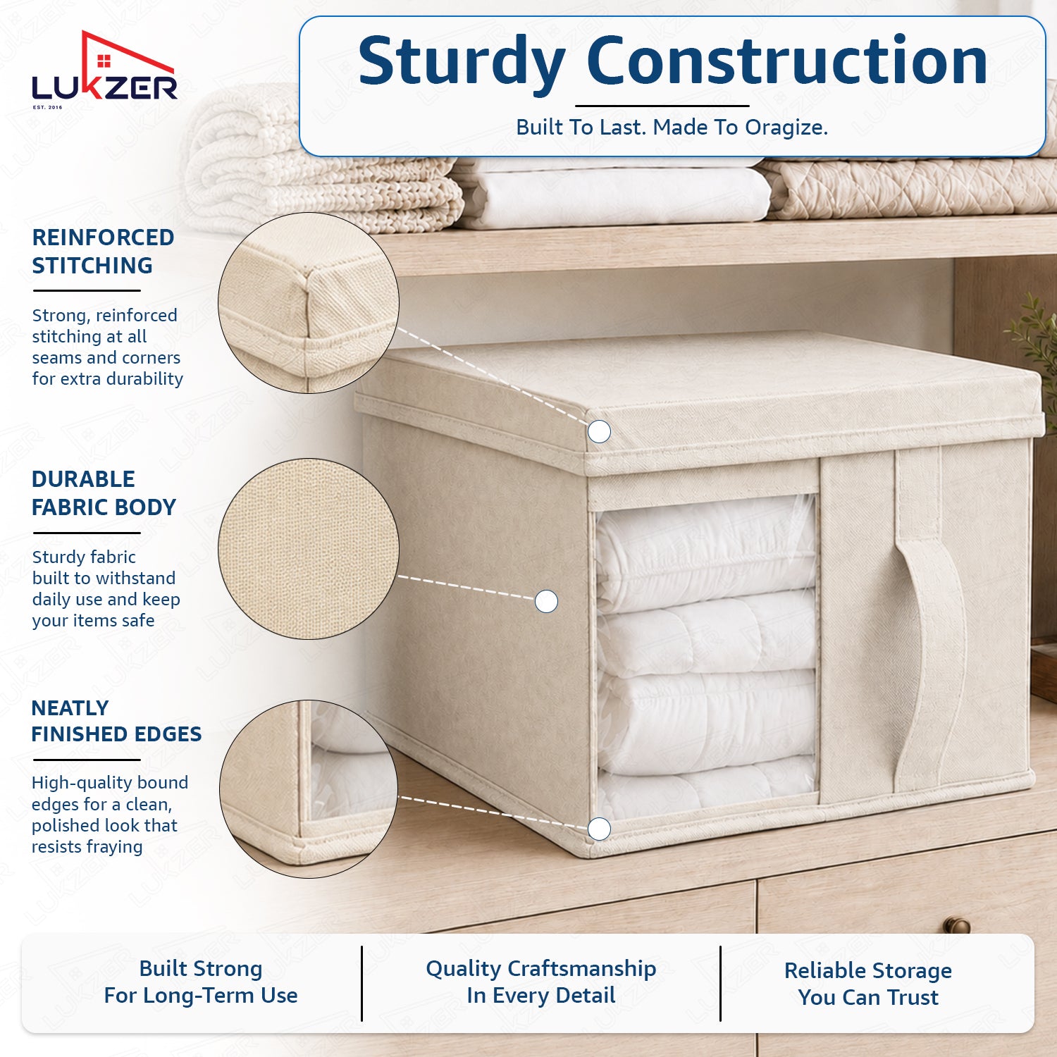 Lukzer 20 Liters Foldable Non-Woven Storage Box/Wardrobe Organizer with Lid - 4PC/Beige