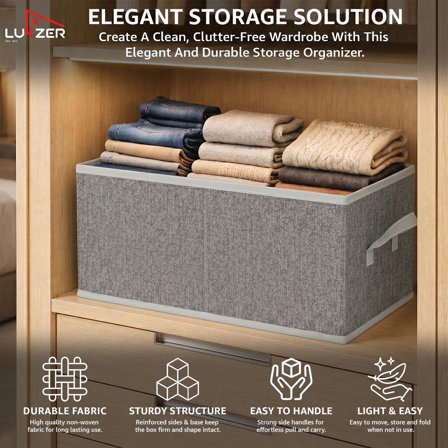 Lukzer 3Pcs Grey Foldable Clothes Organiser Storage Box (Jute)
