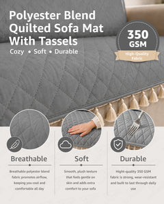 Lukzer 5 Seater Quilted Sofa Cover Mat with Tassels - 3+1+1 Seat - Stone Grey - SC-193-05T