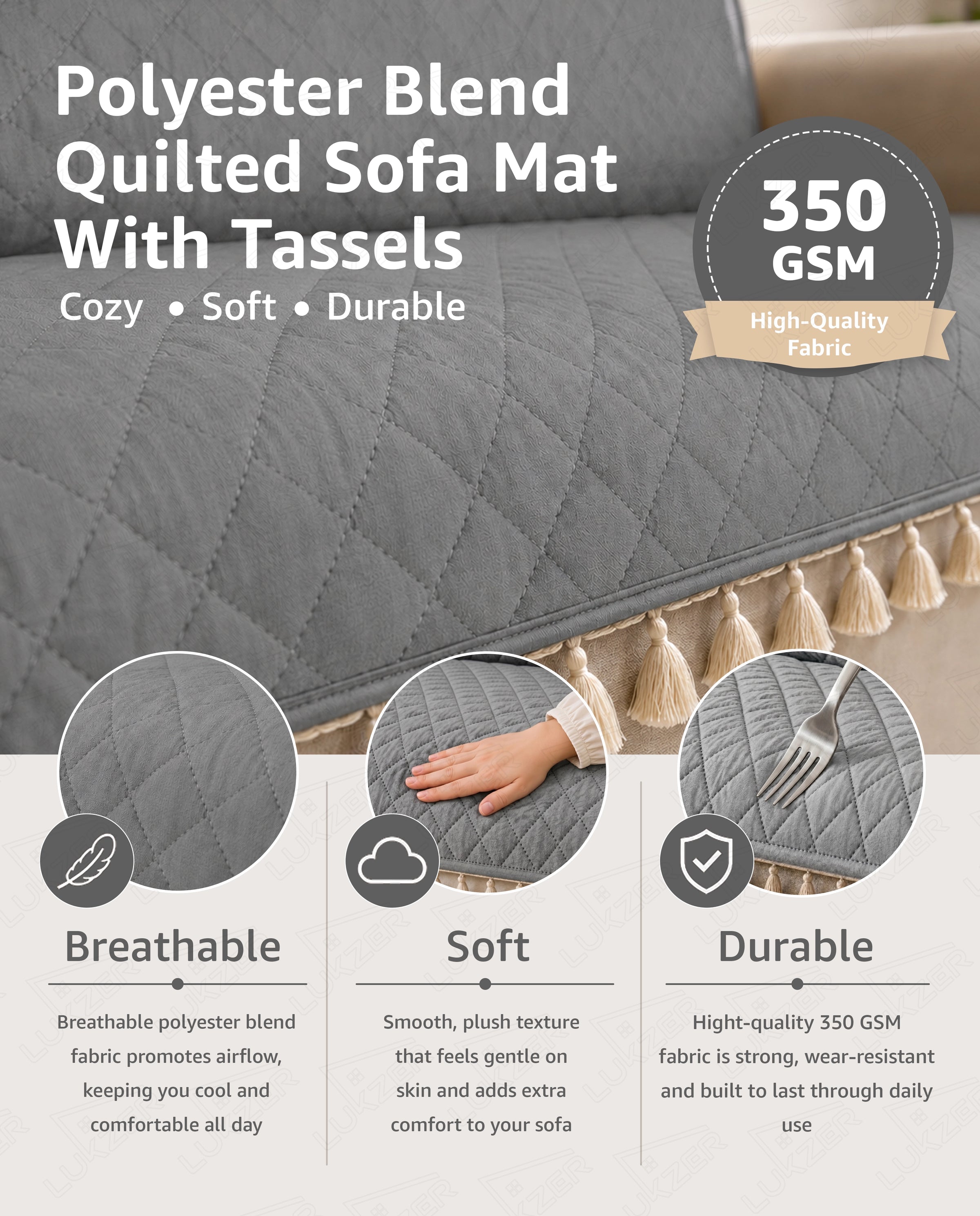 Lukzer 5 Seater Quilted Sofa Cover Mat with Tassels - 3+1+1 Seat - Stone Grey - SC-193-05T