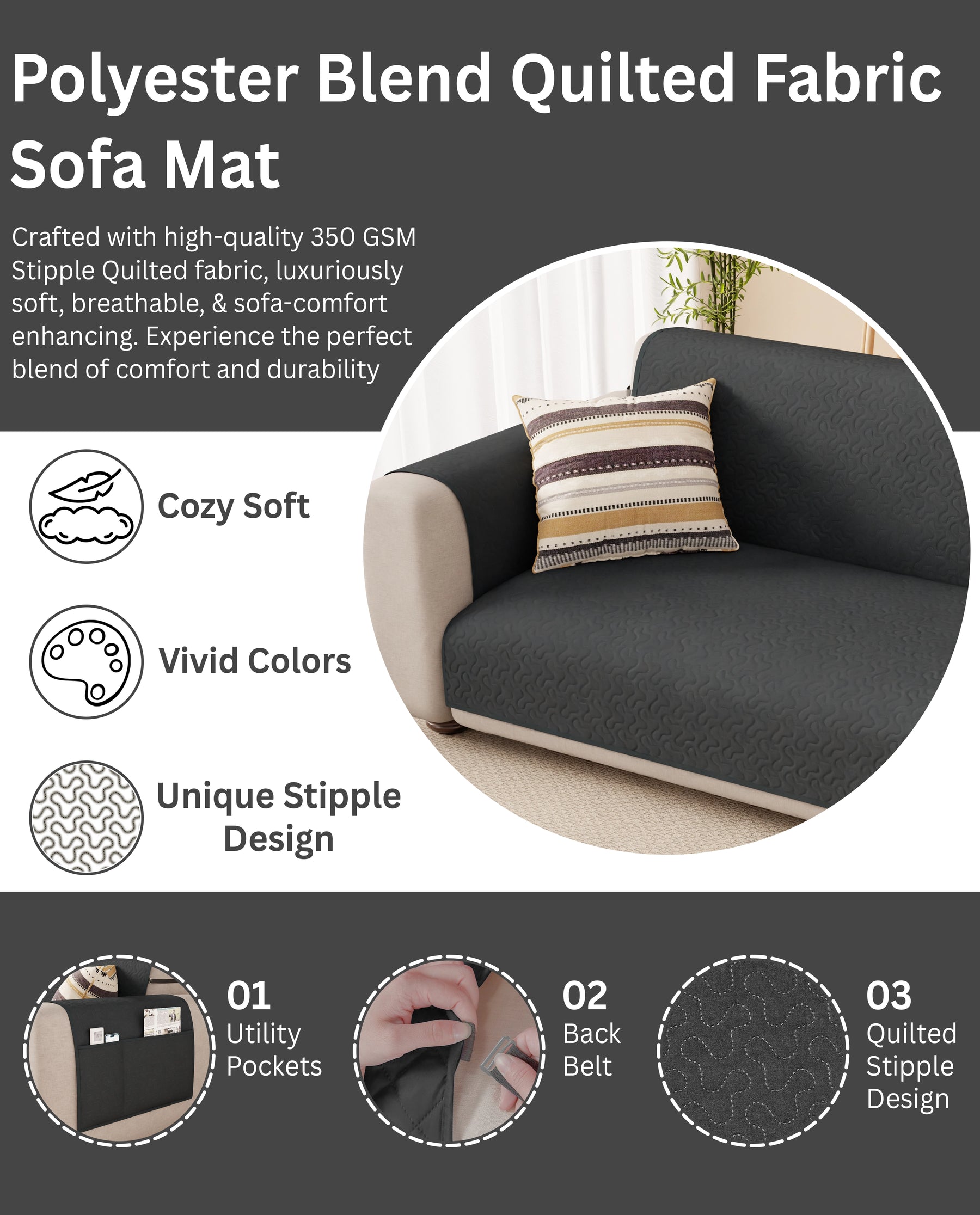 Lukzer Quilted Sofa Mat Stipple Grey (SC-208-01)
