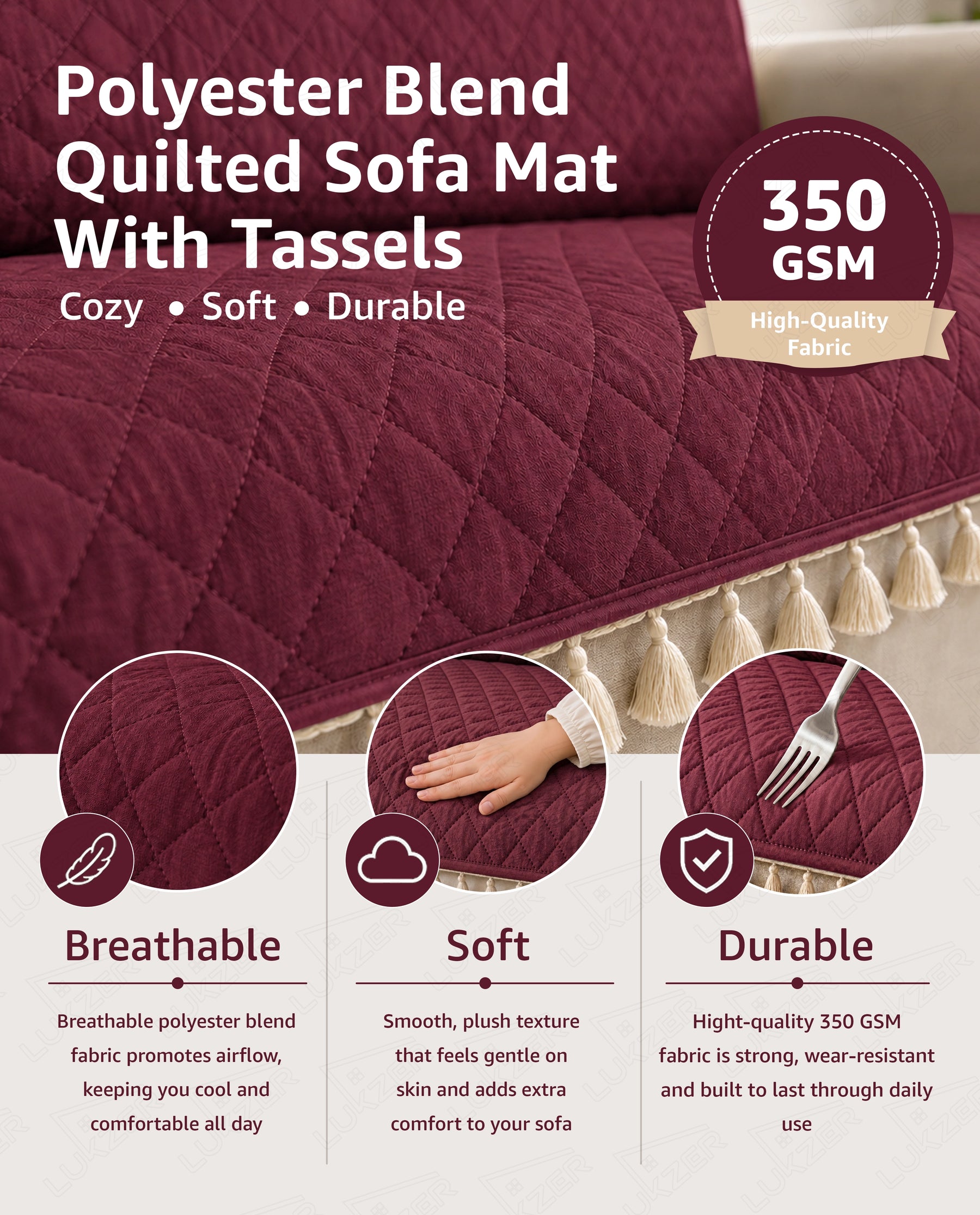 Lukzer 2 Seater Quilted Sofa Cover Mat with Tassels - Cranberry Red - SC-194-02T