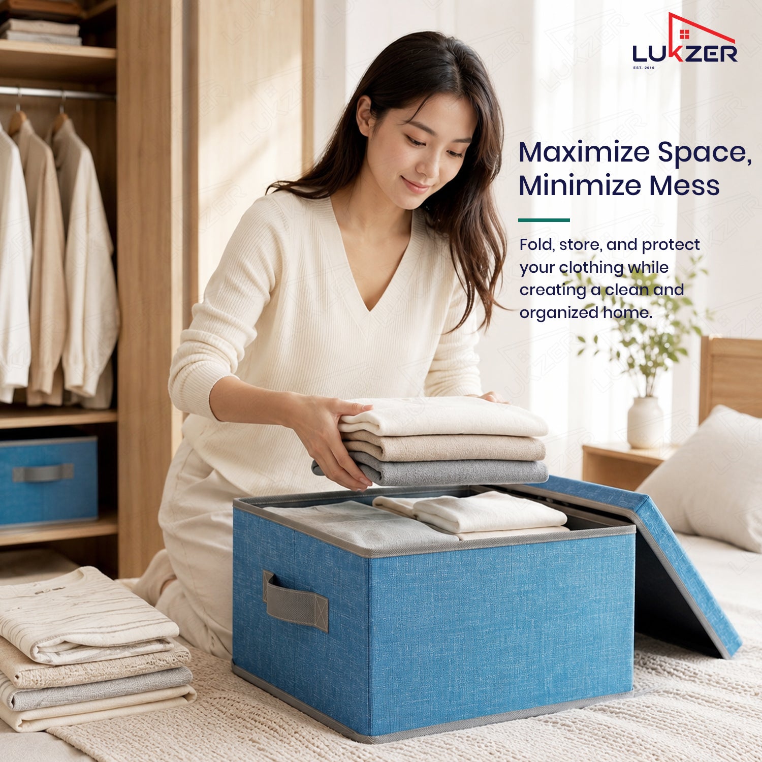 Lukzer 1Pc Blue & Grey Foldable Storage Box with Lid & Reinforced Handle (Lining)