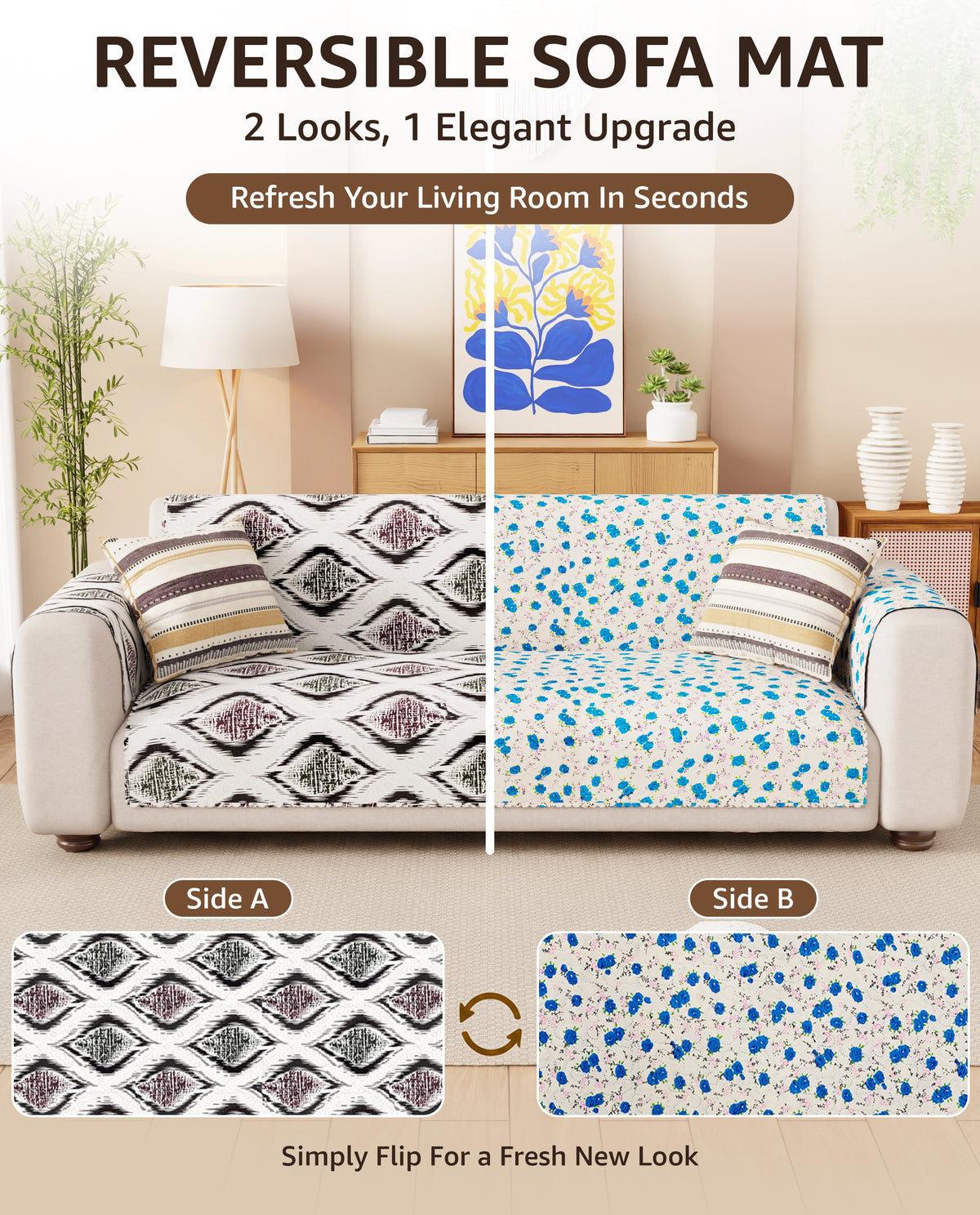 Lukzer Quilted Reversible Ikat Rose Sofa Mat with WaveEdge Ultrasonic Cut (WITH BACK & HAND REST) - SC-203-01WB
