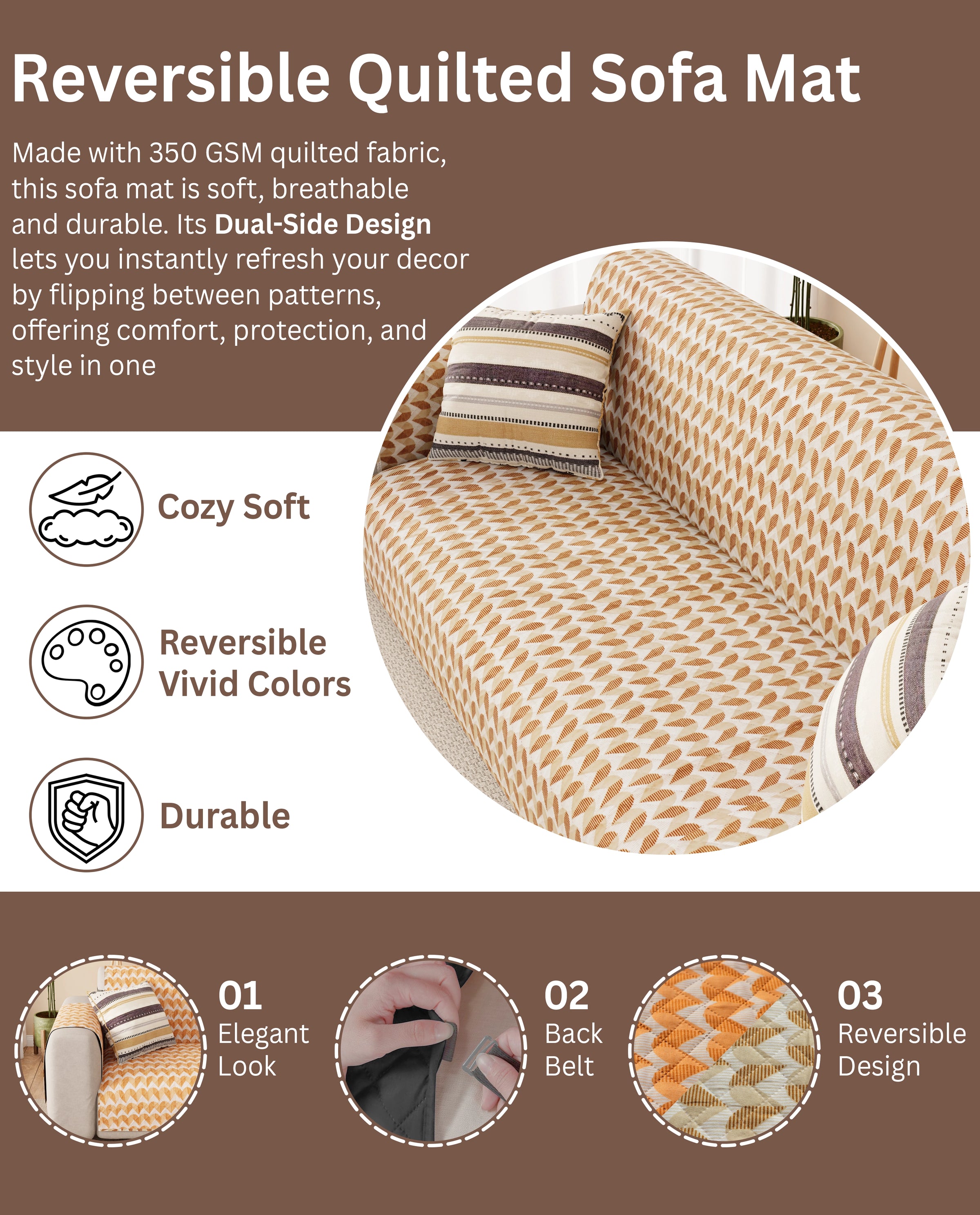 Lukzer Reversible Quilted Sofa Mat with Arms Rhythmic Arcs (SC-181-01/A)