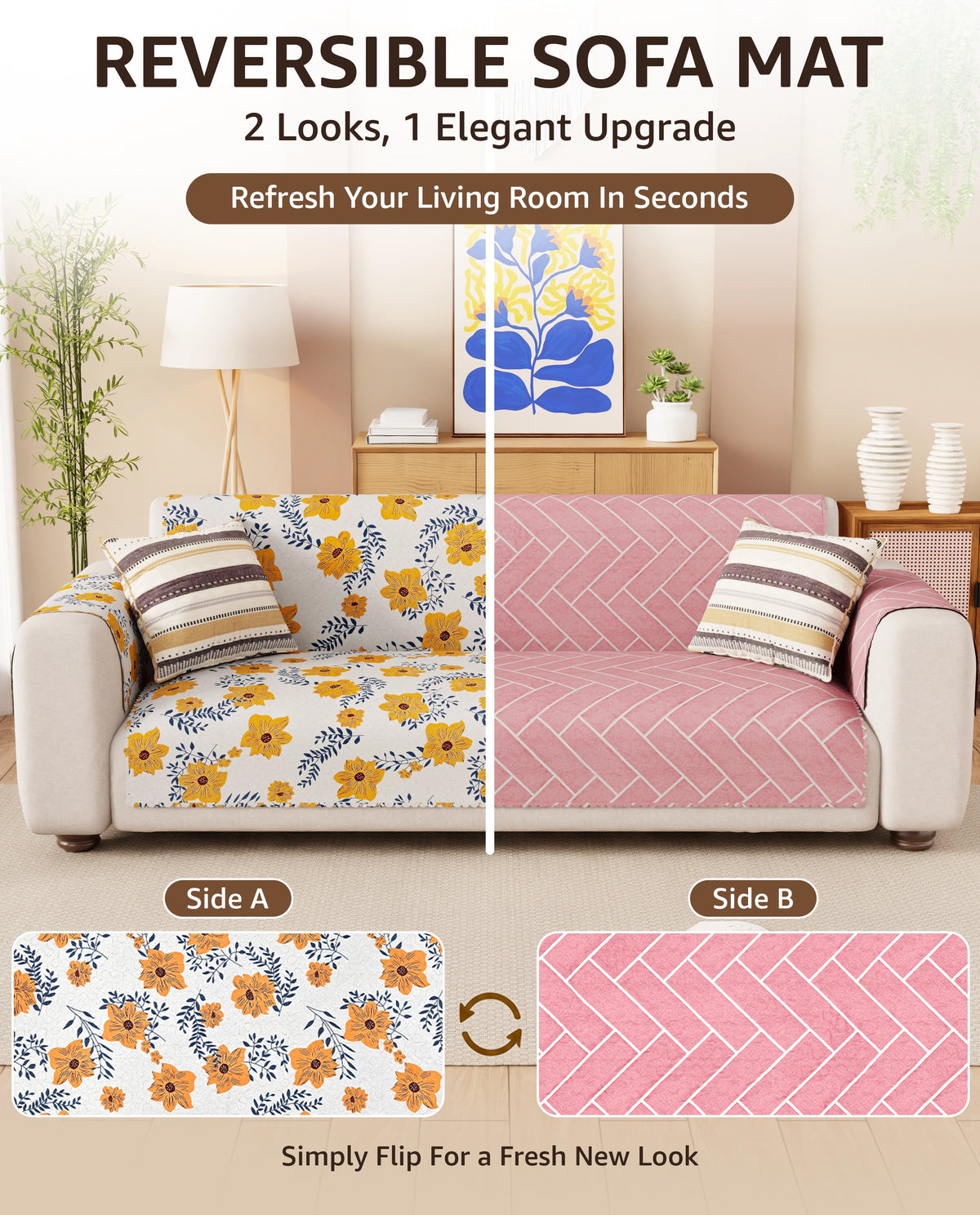 Lukzer Quilted Reversible Brick Bloom Sofa Mat with WaveEdge Ultrasonic Cut (WITH BACK & HAND REST) - SC-201-01WB