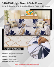 Lukzer Polyester Sofa Cover White Leaf Print (SC-017-01)