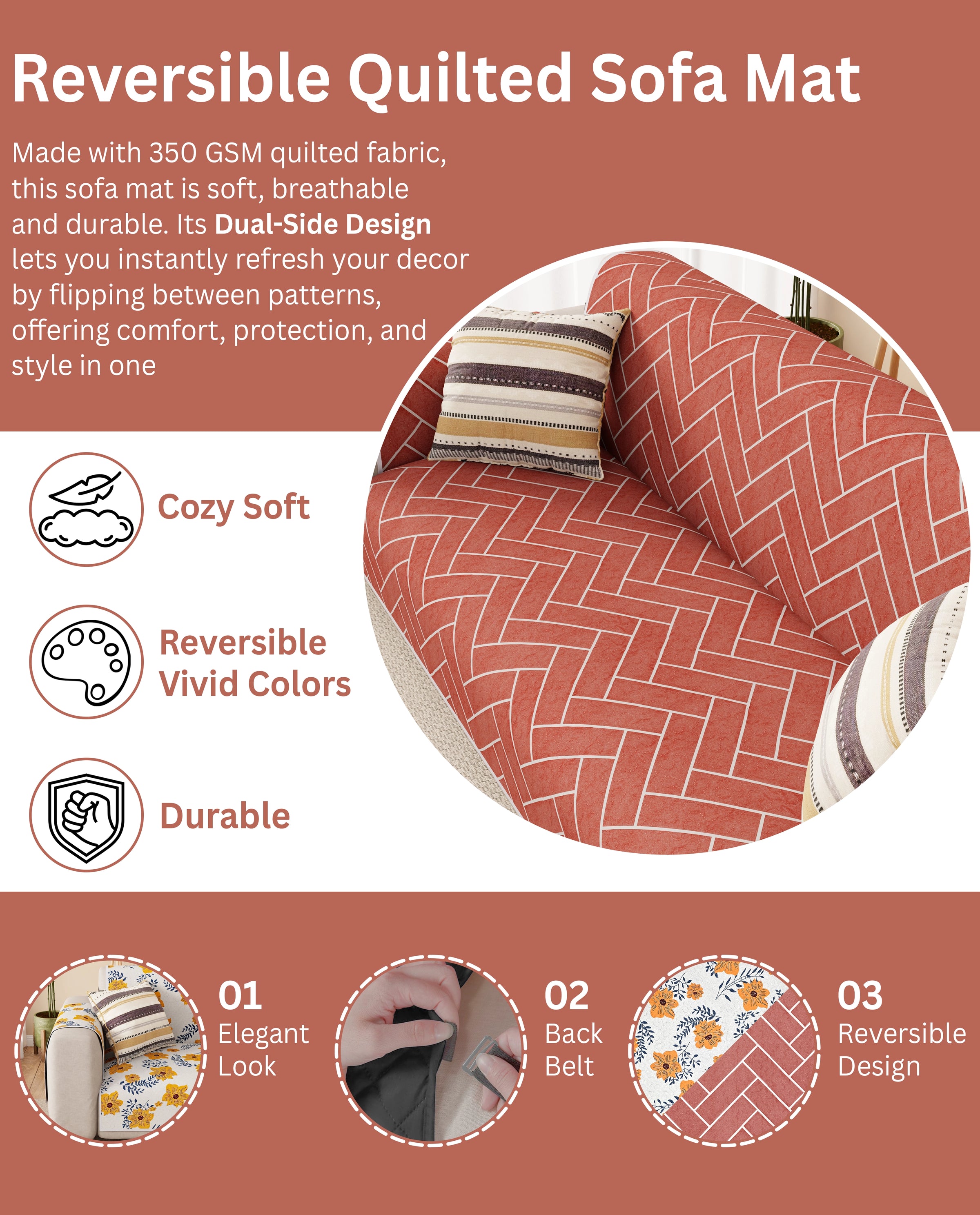Lukzer Reversible Quilted Sofa Mat with Arms Brick Bloom (SC-201-01)