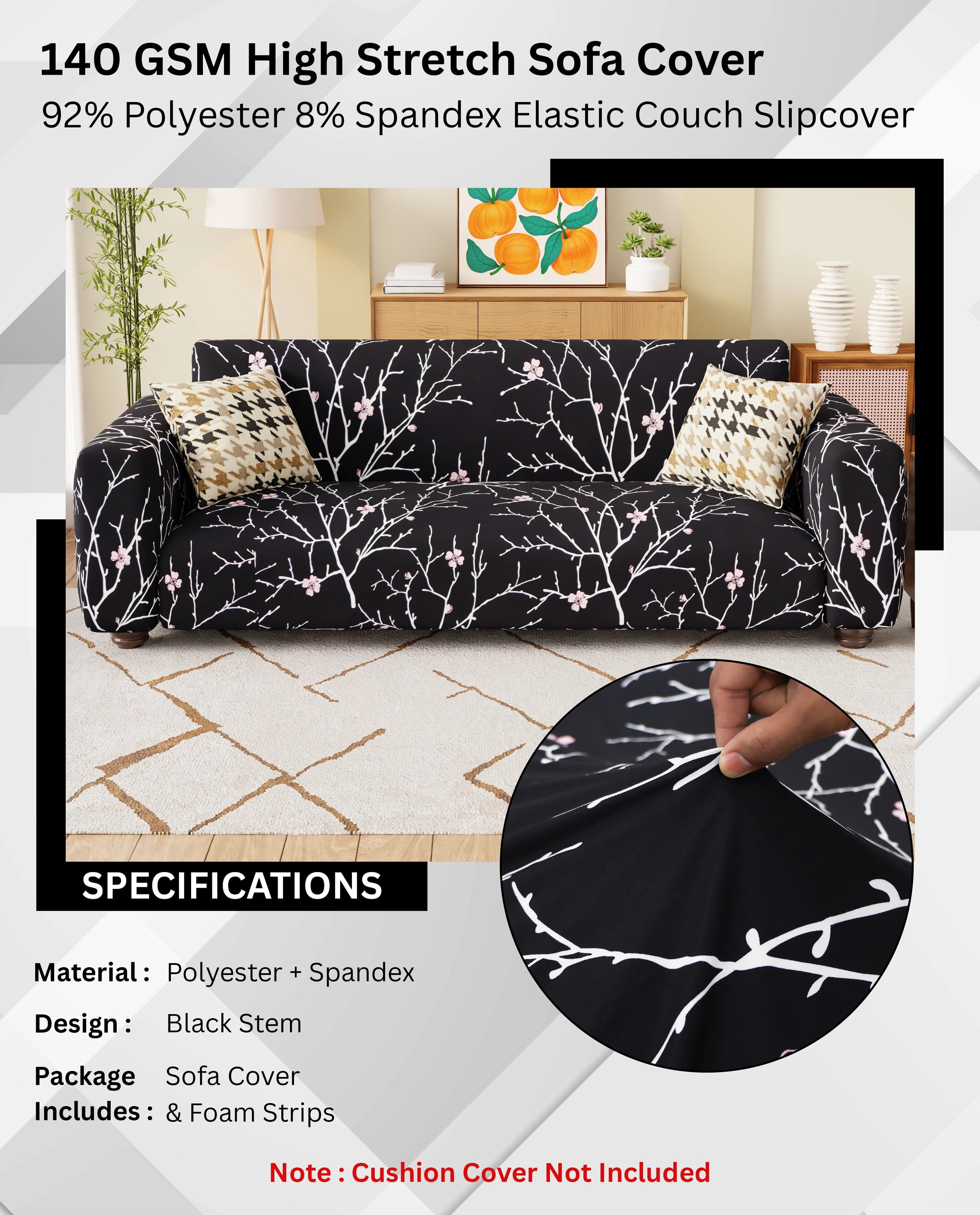 Lukzer Polyester Sofa Cover - Black Stem (SC-001-01)
