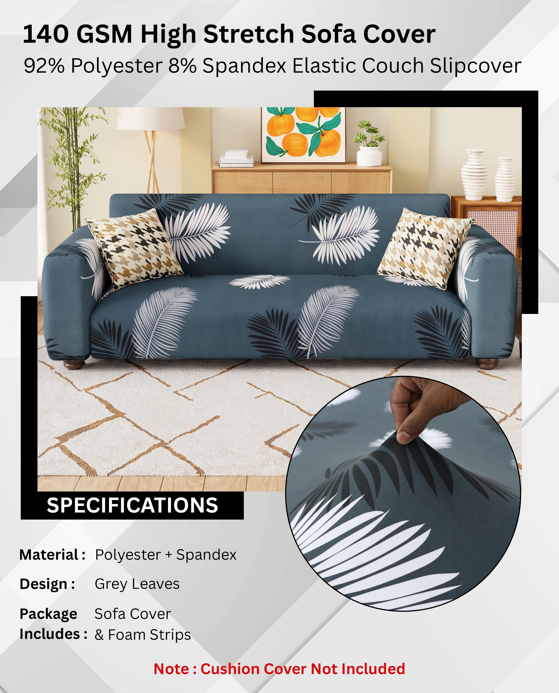 Lukzer Polyester Sofa Cover - Grey Leaves (SC-006-01)