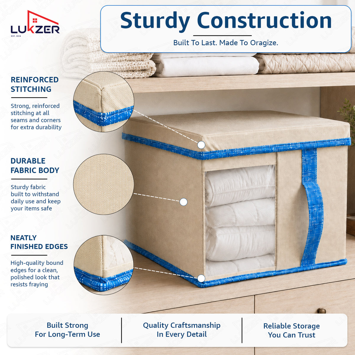 Lukzer 20 Liters Foldable Non-Woven Storage Box/Wardrobe Organizer with Lid - 4PC/Beige & Blue