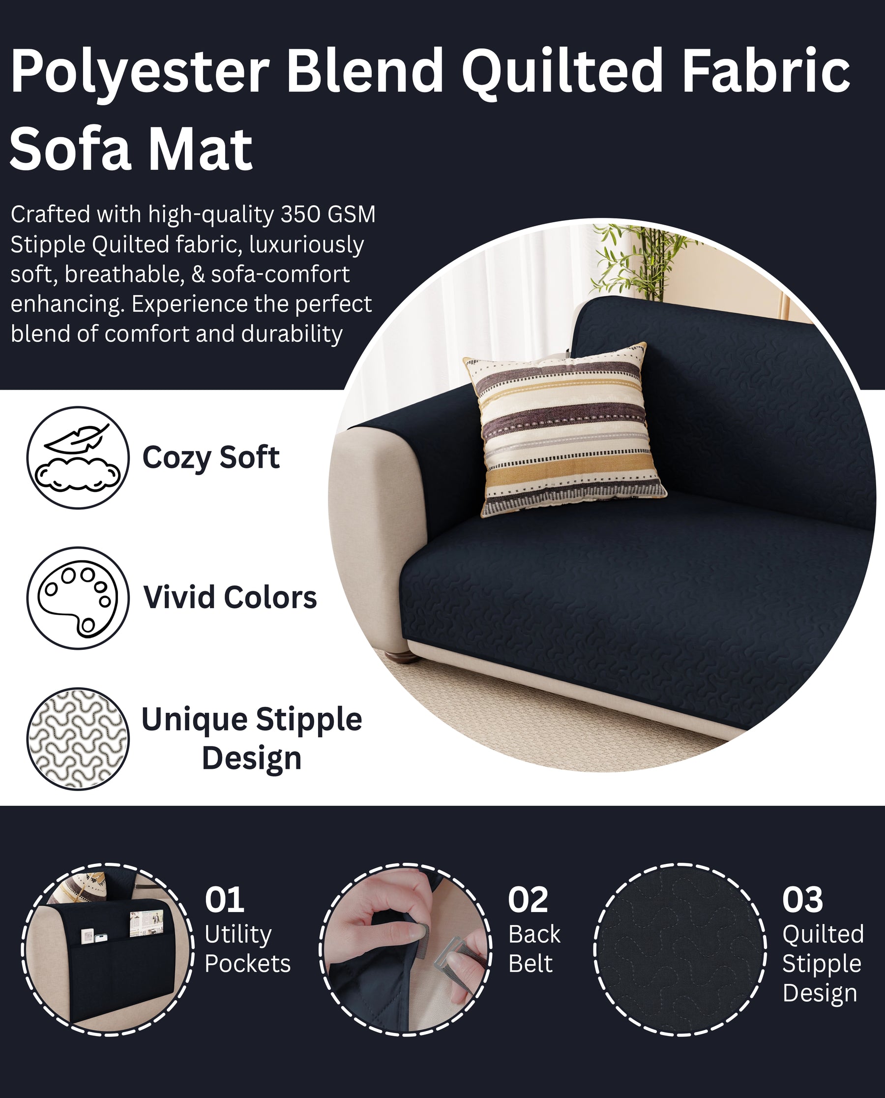 Lukzer Quilted Sofa Mat Stipple Navy Blue (SC-210-01)