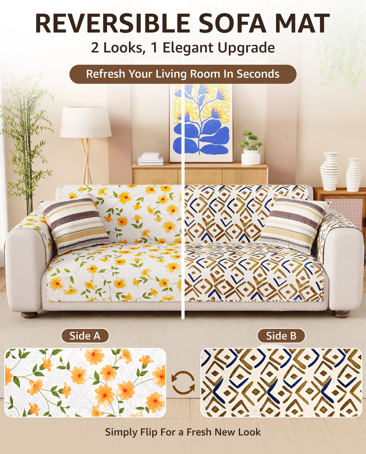 Lukzer Quilted Reversible Terra Bloom Sofa Mat with WaveEdge Ultrasonic Cut (WITH BACK & HAND REST) - SC-205-01WB