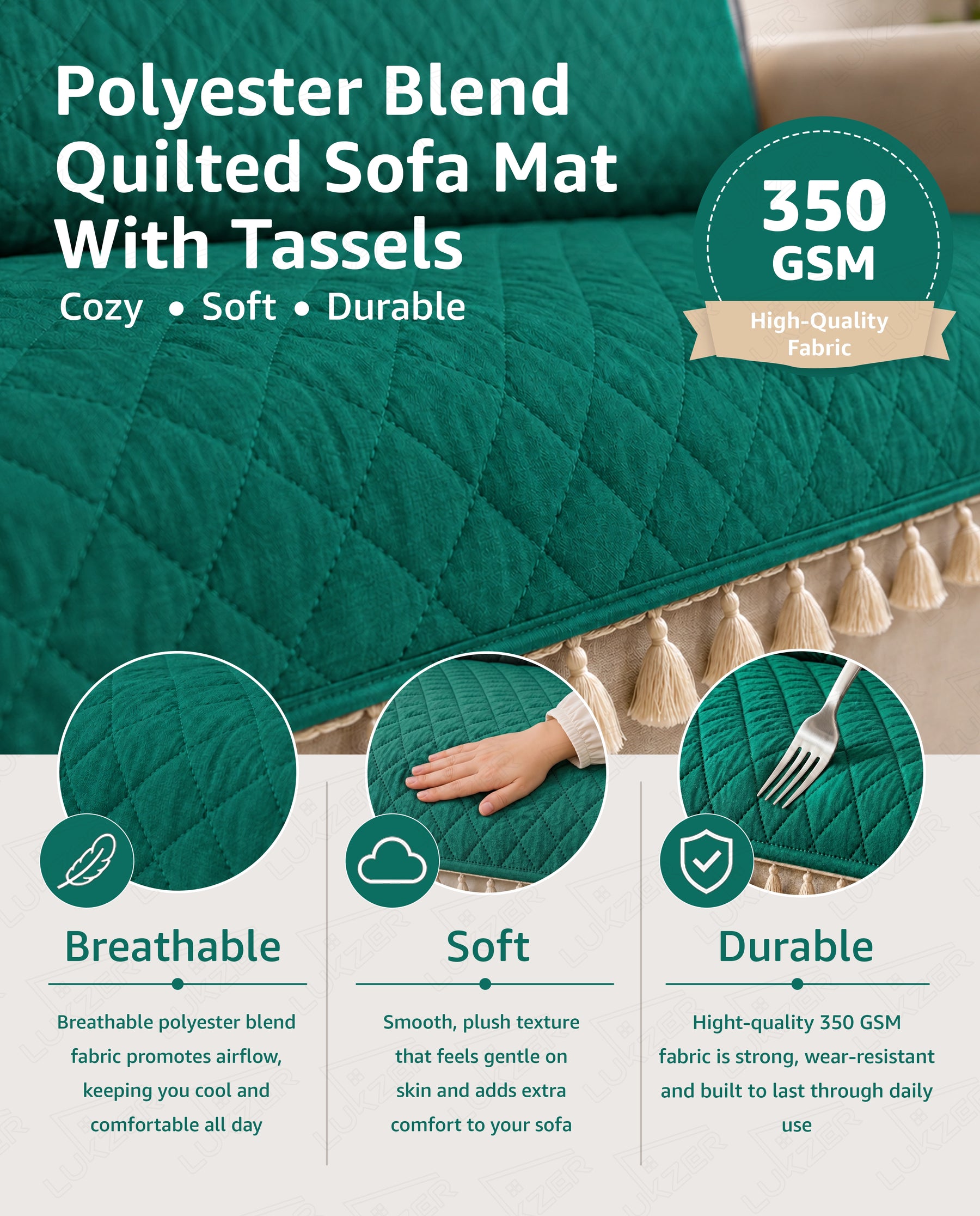 Lukzer 2 Seater Quilted Sofa Cover Mat with Tassels - Forest Green - SC-200-02T