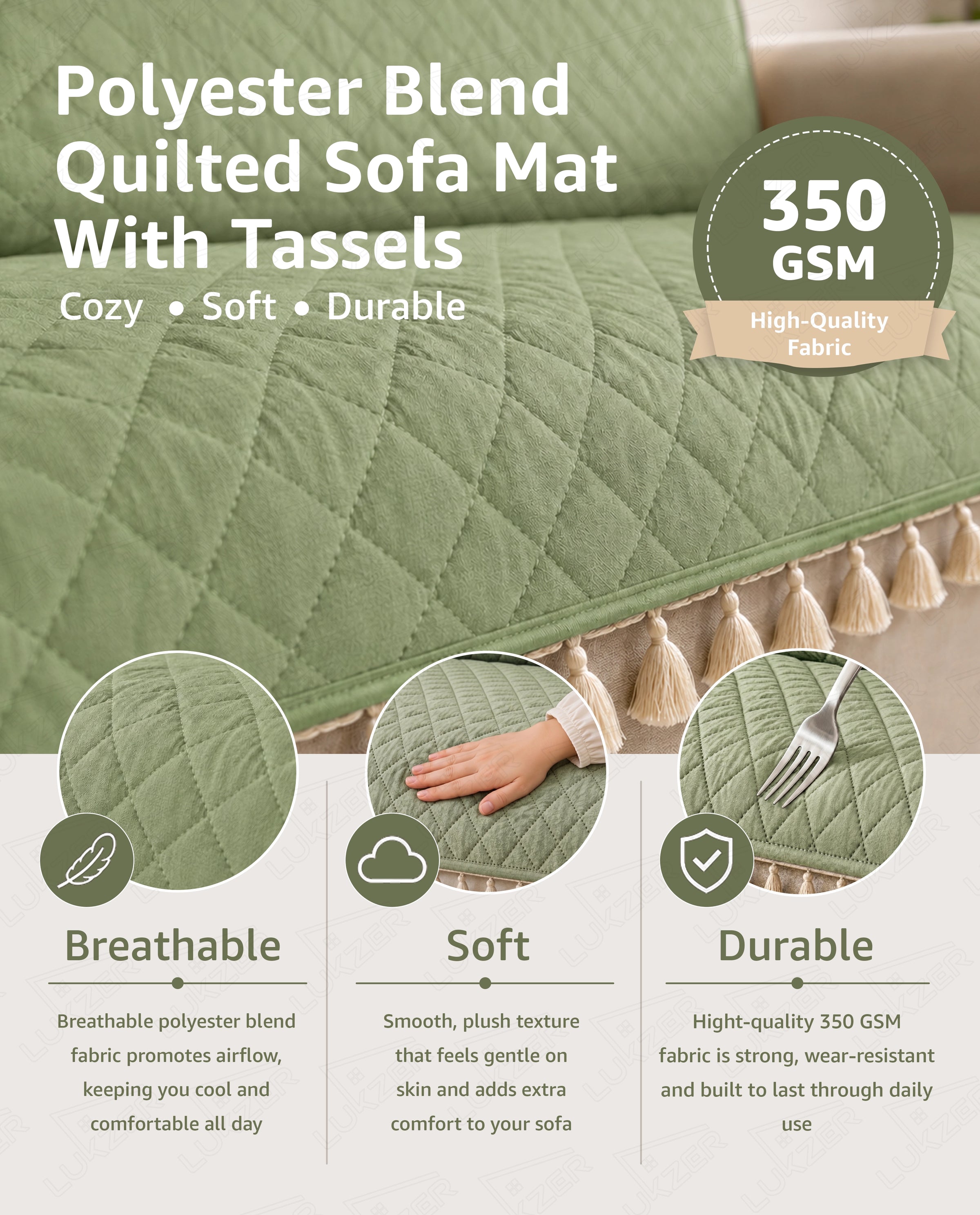 Lukzer 2 Seater Quilted Sofa Cover Mat with Tassels - Mint Green - SC-199-02T