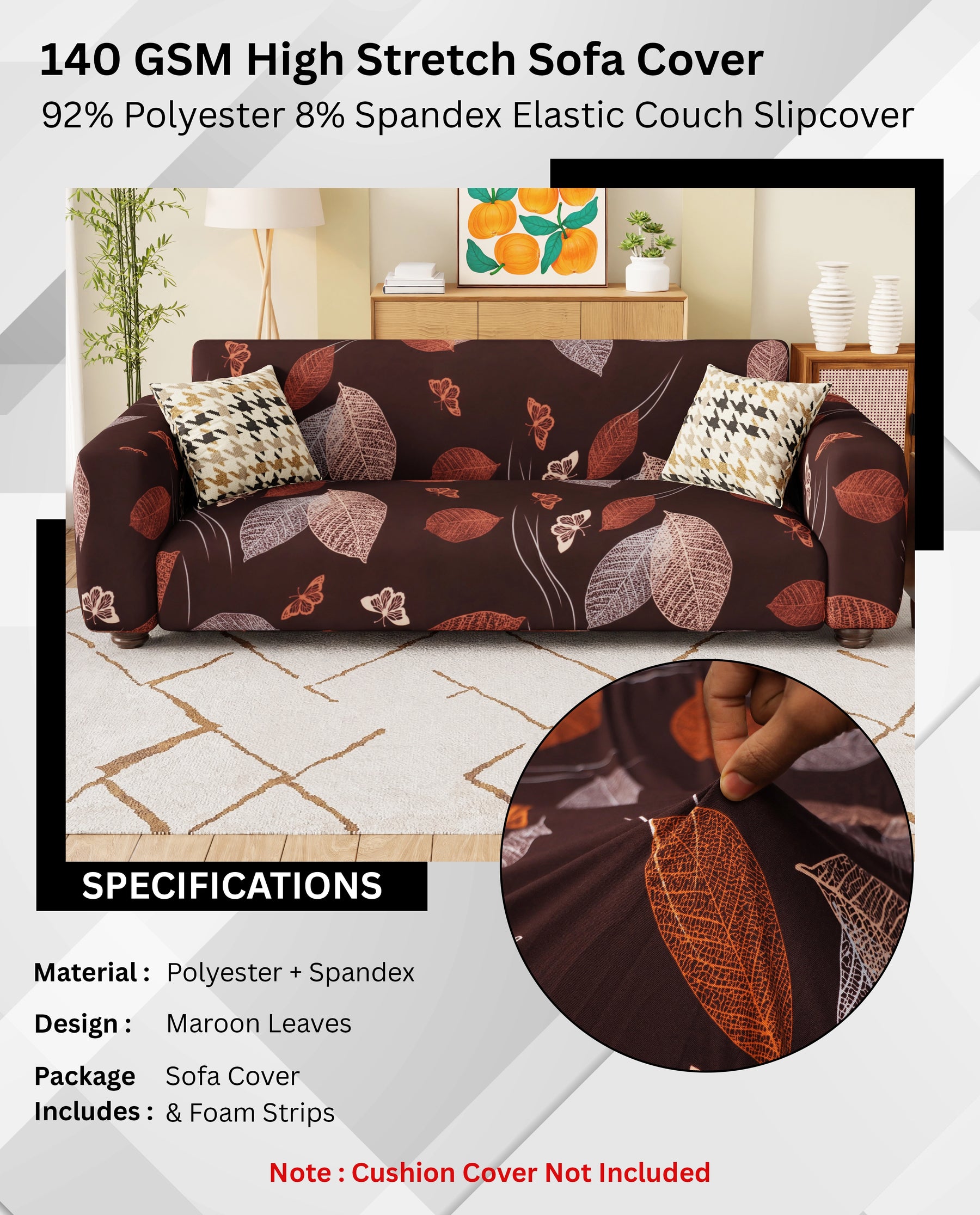 Lukzer Polyester Sofa Cover - Maroon Leaves (SC-010-01)