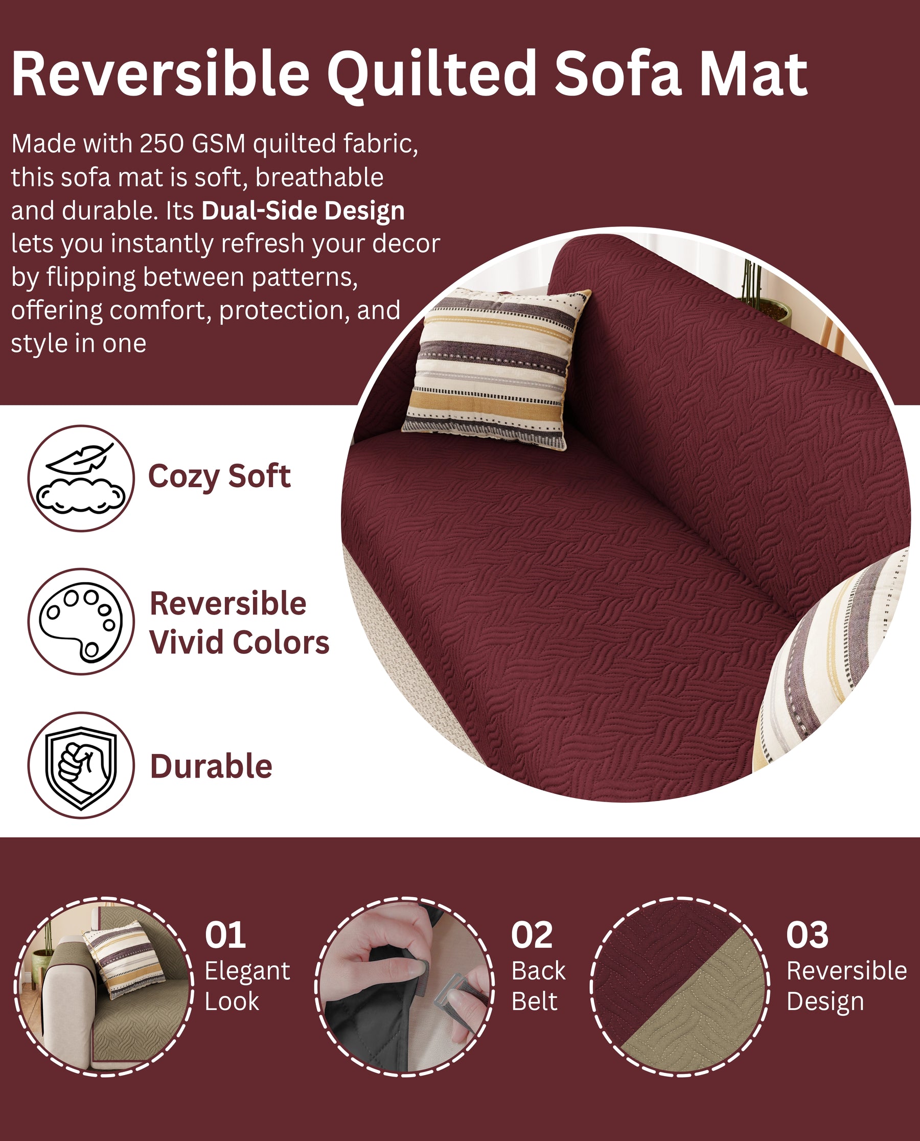 Lukzer Reversible Quilted Sofa Mat with Arms Aqua Weave Maroon (SC-218-01)