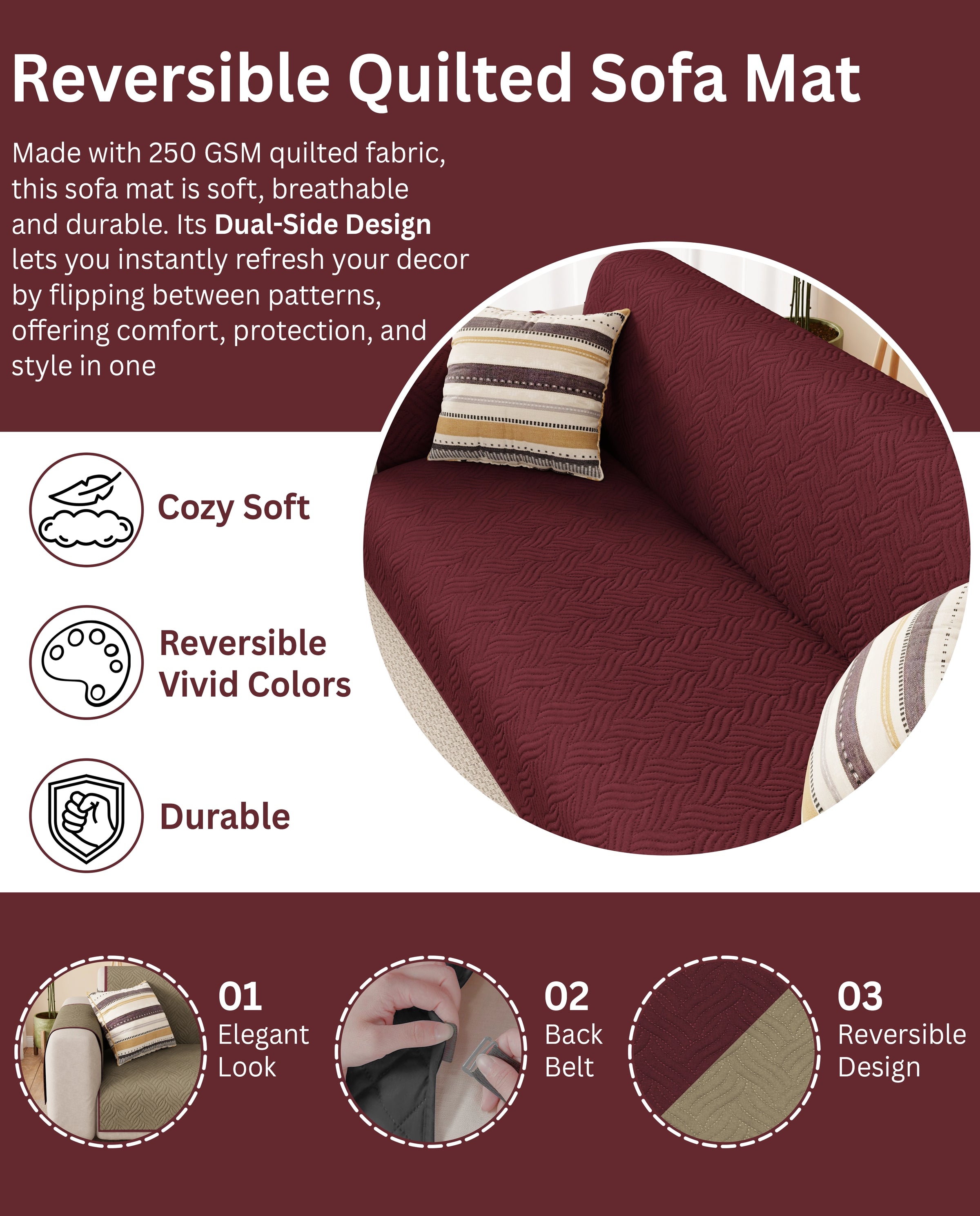Lukzer Reversible Quilted Sofa Mat with Arms Aqua Weave Maroon (SC-218-01)