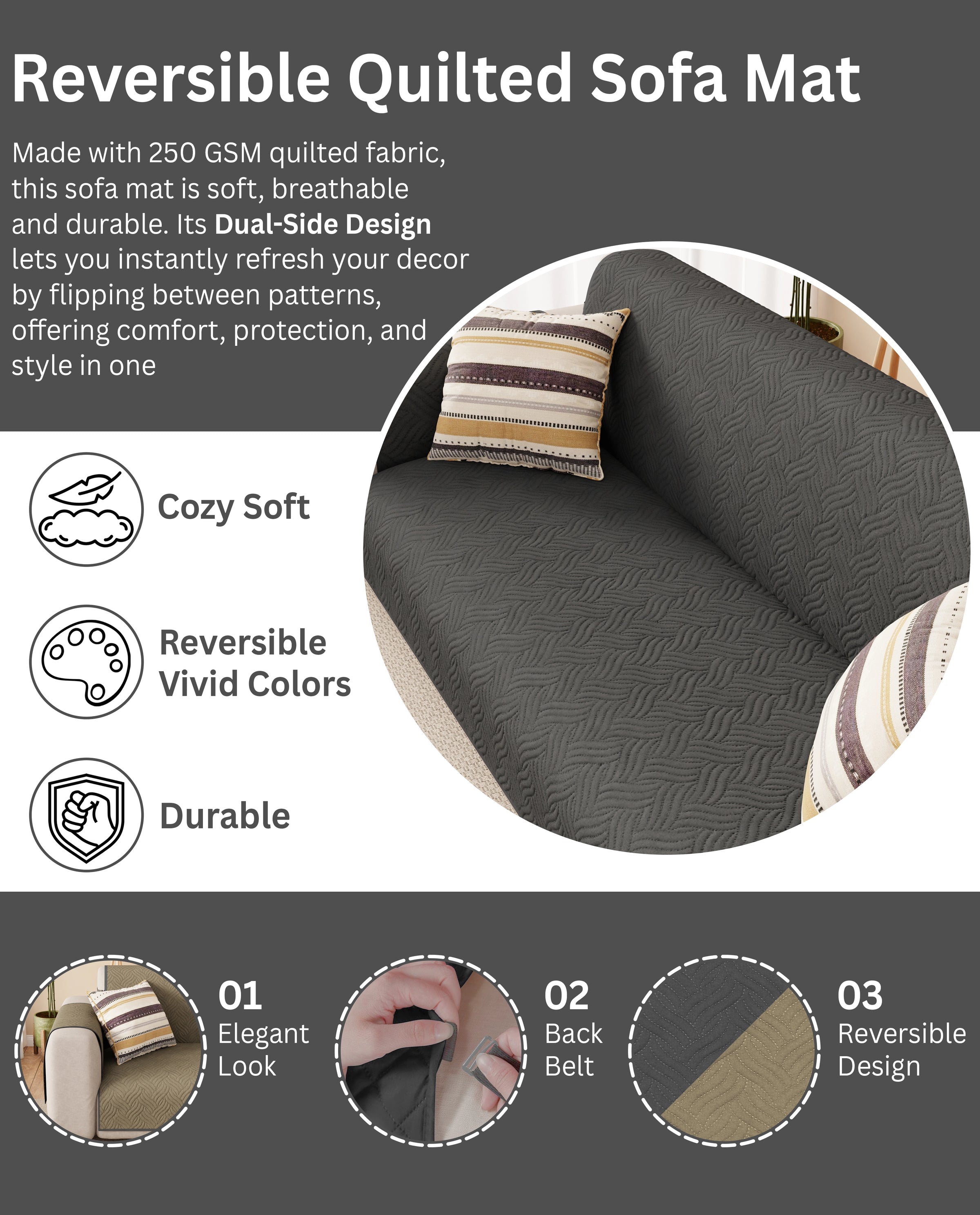 Lukzer Reversible Quilted Sofa Mat with Arms Aqua Weave Grey (SC-217-01)