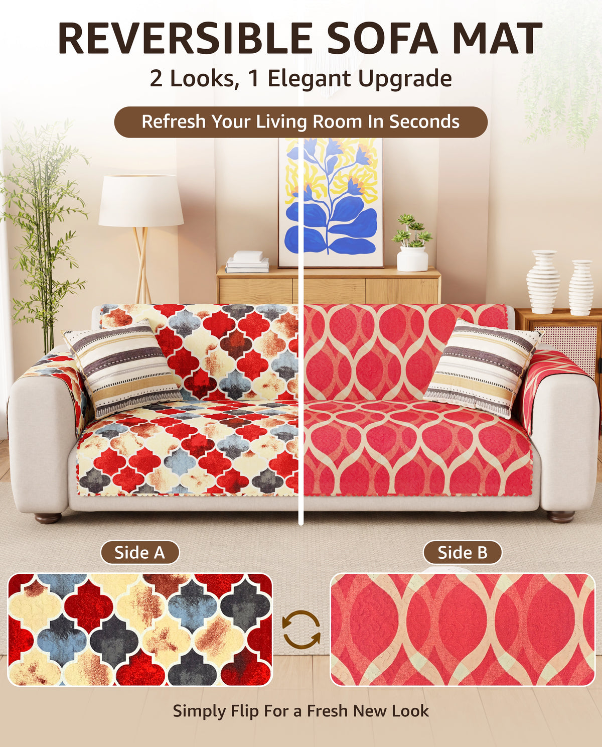 Lukzer Quilted Reversible Dessert Jewel Sofa Mat with WaveEdge Ultrasonic Cut (WITH BACK & HAND REST) - SC-202-01WB
