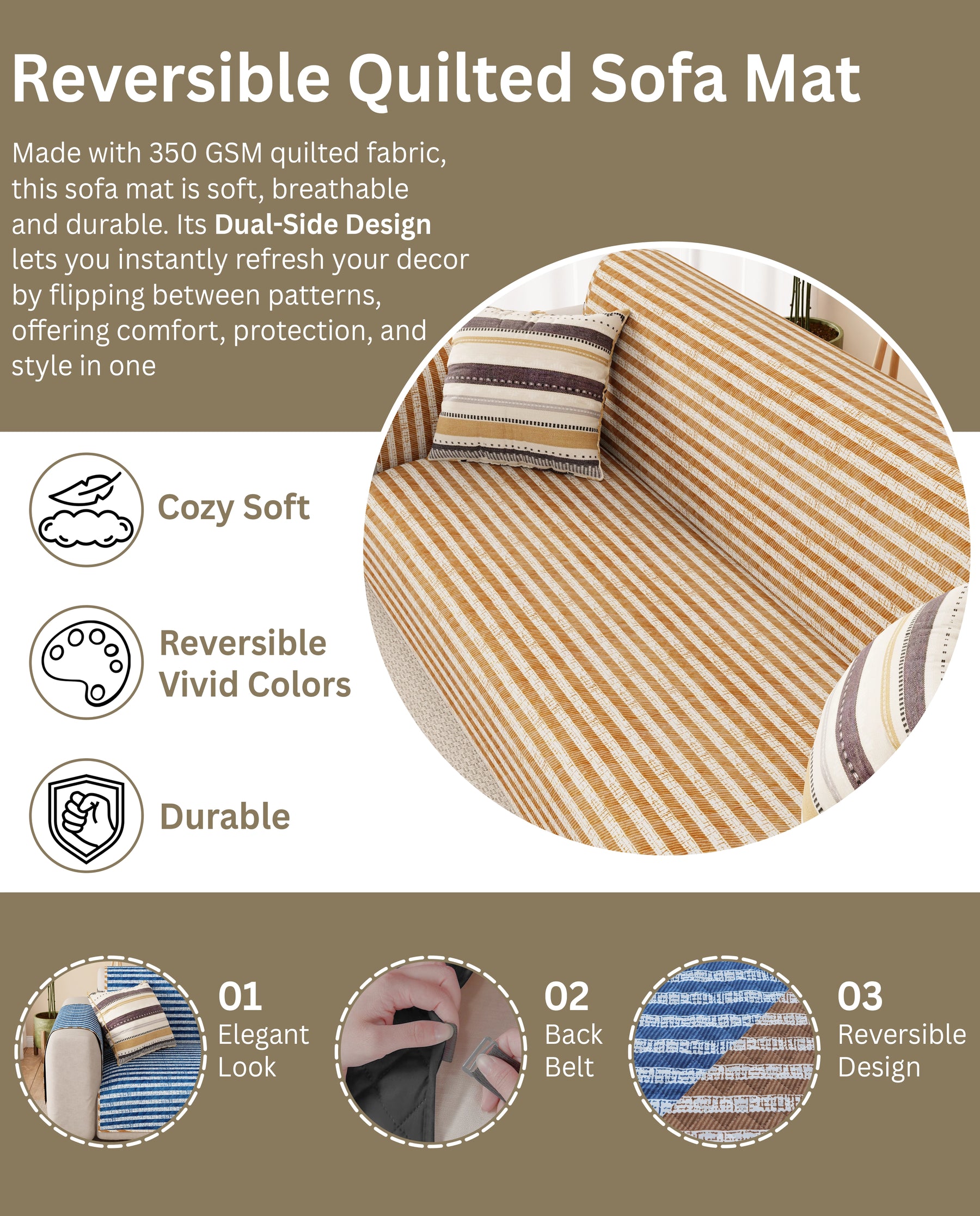 Lukzer Reversible Quilted Sofa Mat with Arms Optical Stripe (SC-184-01/A)