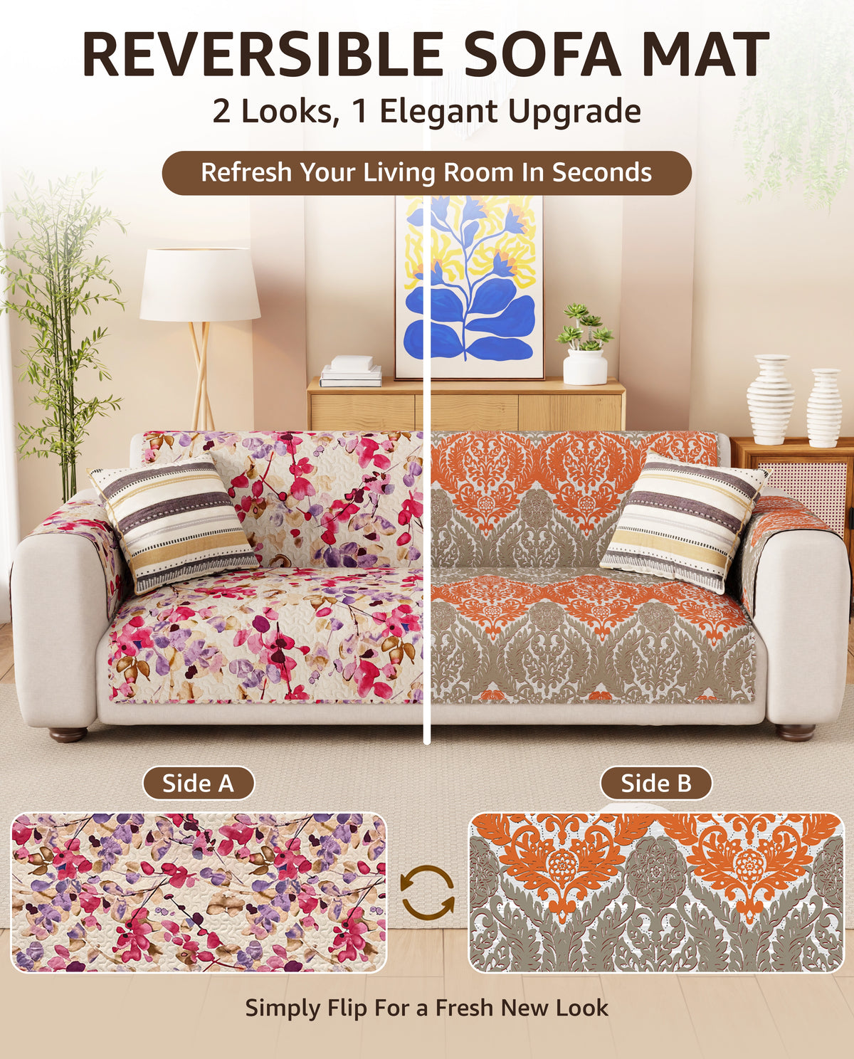 Lukzer Quilted Reversible Royal Petals Sofa Mat with WaveEdge Ultrasonic Cut (WITH BACK & HAND REST) - SC-219-01WB
