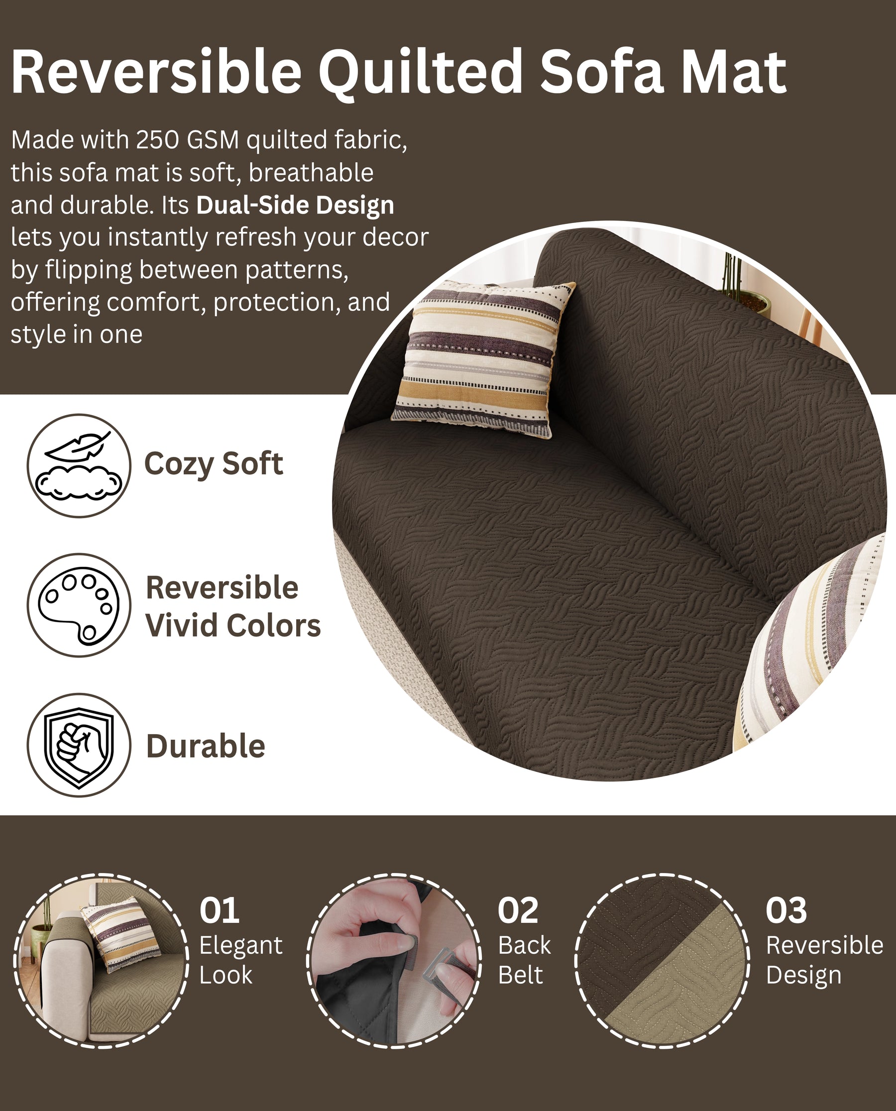 Lukzer Reversible Quilted Sofa Mat with Arms Aqua Weave Dark Brown (SC-216-01)