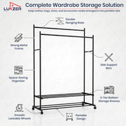 Lukzer Double Rod Metal Garment Rack with Wheels & 2 Bottom Shelves (Black)