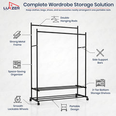 Lukzer Double Rod Metal Garment Rack with Wheels & 2 Bottom Shelves (Black)
