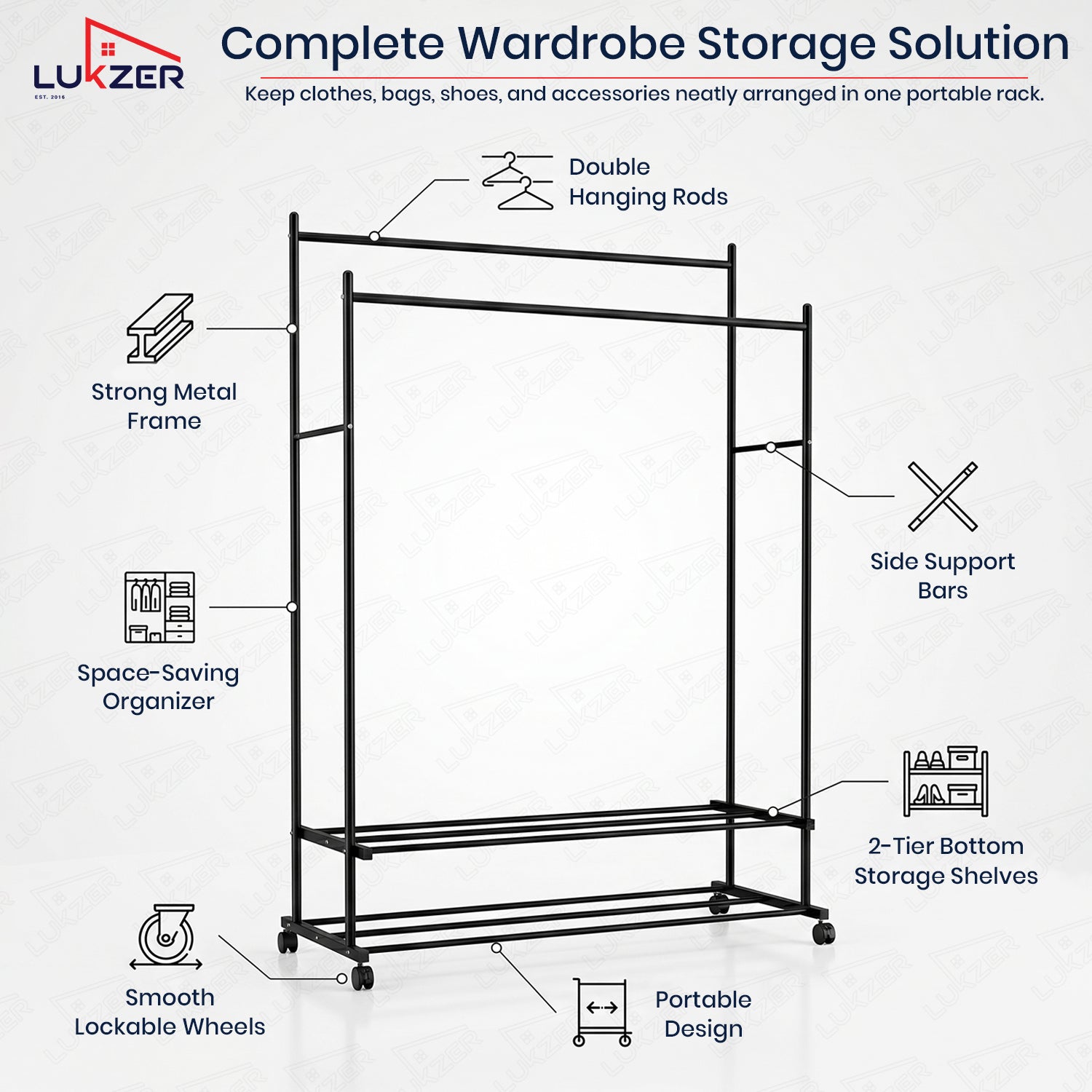 Lukzer Double Rod Metal Garment Rack with Wheels & 2 Bottom Shelves (Black)
