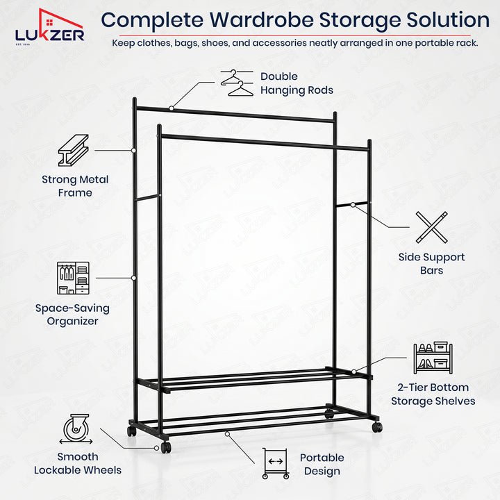 Lukzer Double Rod Metal Garment Rack with Wheels & 2 Bottom Shelves (Black)