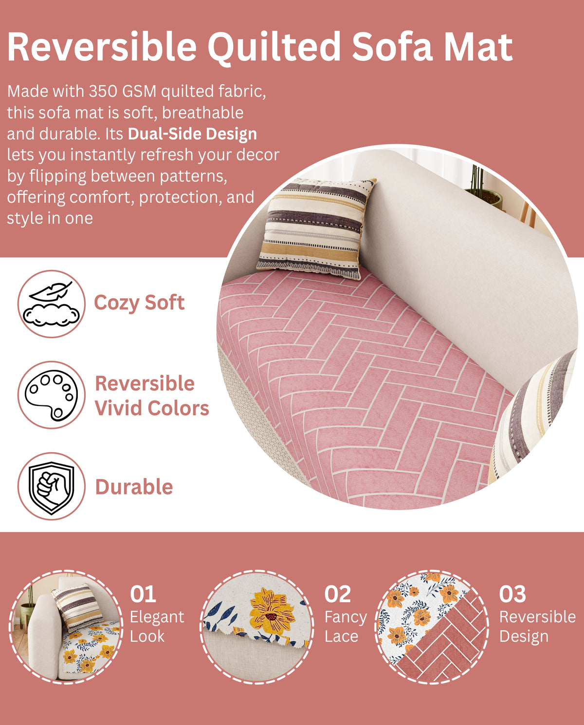 Lukzer Quilted Reversible Brick Bloom Sofa Mat with WaveEdge Ultrasonic Cut (ONLY SEAT COVER) - SC-201-01WE