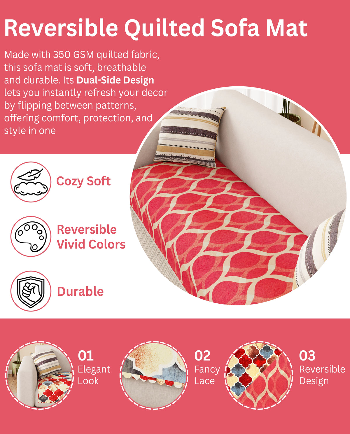 Lukzer Quilted Reversible Dessert Jewel Sofa Mat with WaveEdge Ultrasonic Cut (ONLY SEAT COVER) - SC-202-01WE
