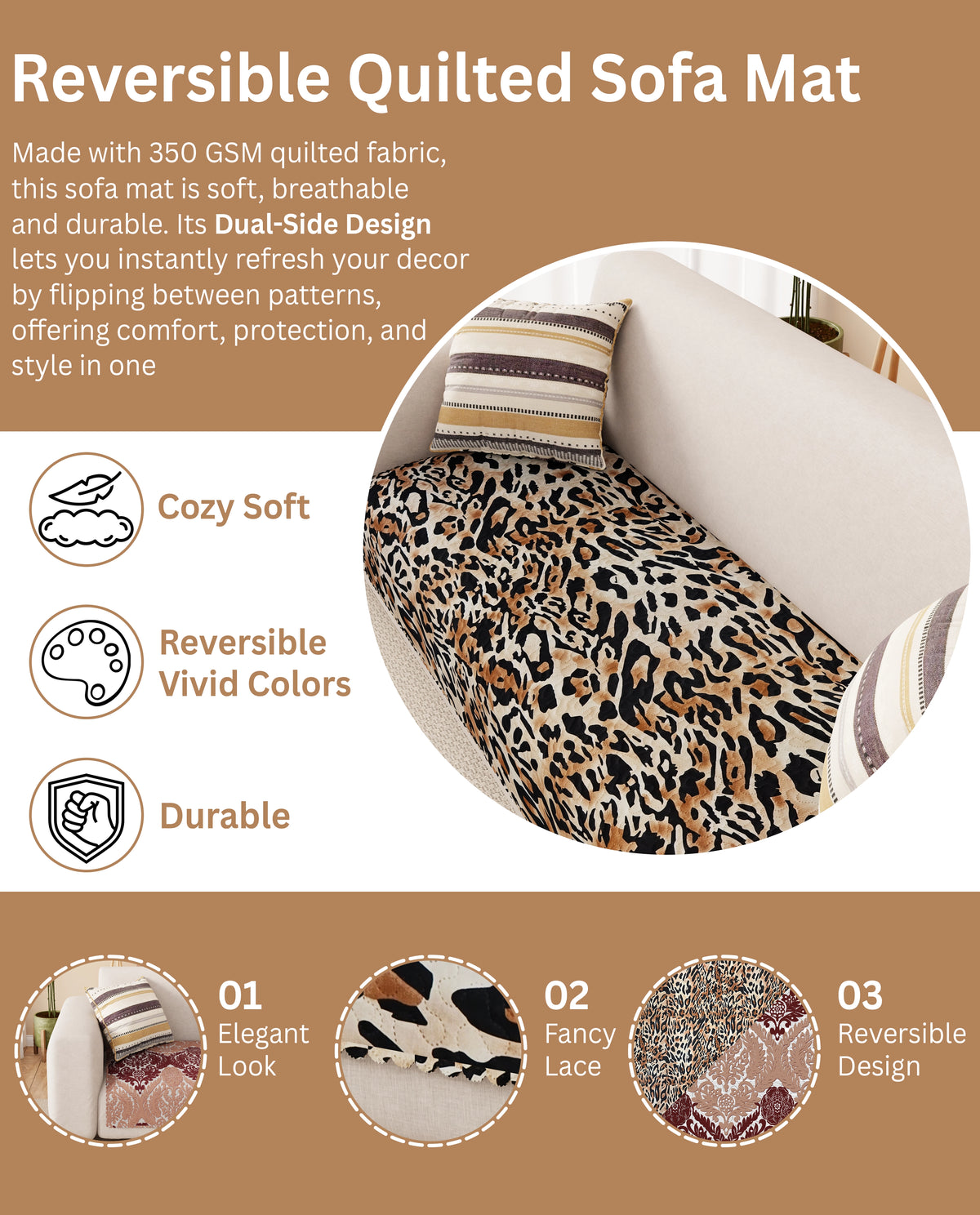 Lukzer Quilted Reversible Leopard Print Sofa Mat with WaveEdge Ultrasonic Cut (ONLY SEAT COVER) - SC-220-01WE