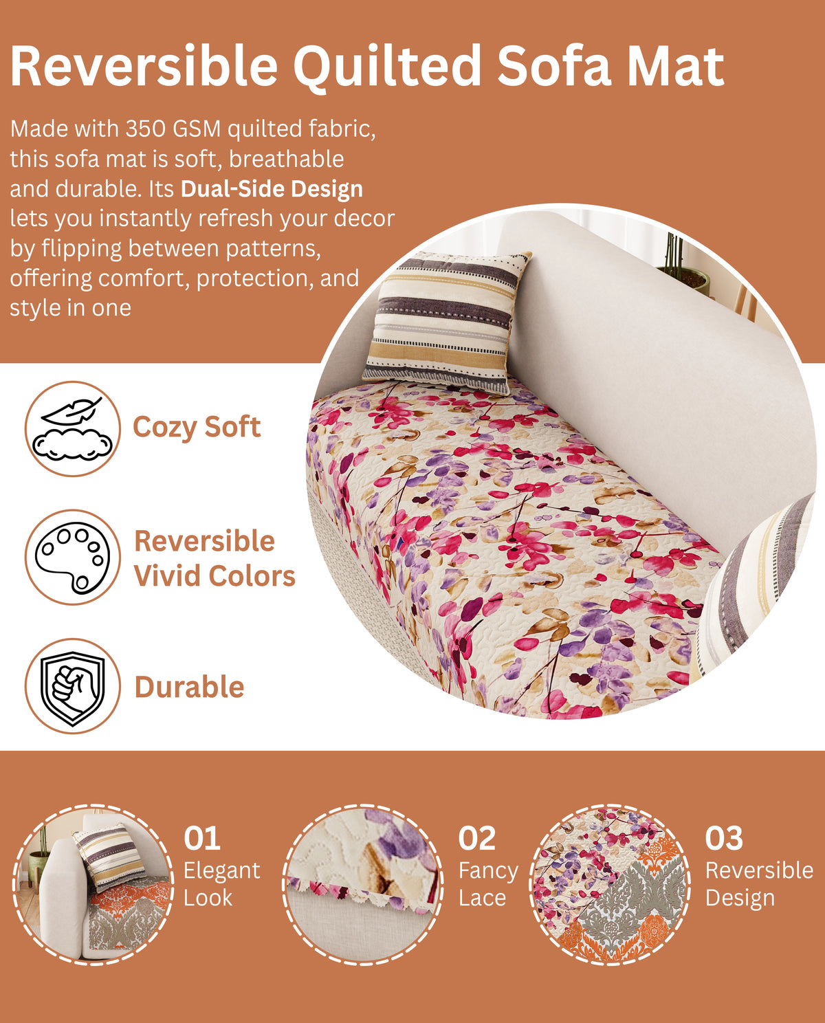 Lukzer Quilted Reversible Royal Petals Sofa Mat with WaveEdge Ultrasonic Cut (ONLY SEAT COVER) - SC-219-01WE