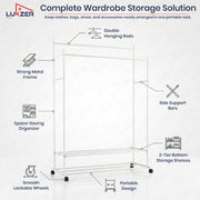 Lukzer Double Rod Metal Garment Rack with Wheels & 2 Bottom Shelves (White)