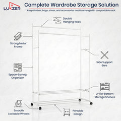 Lukzer Double Rod Metal Garment Rack with Wheels & 2 Bottom Shelves (White)