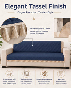 Lukzer 3 Seater Quilted Sofa Cover Mat with Tassels - Midnight Blue - SC-191-03T