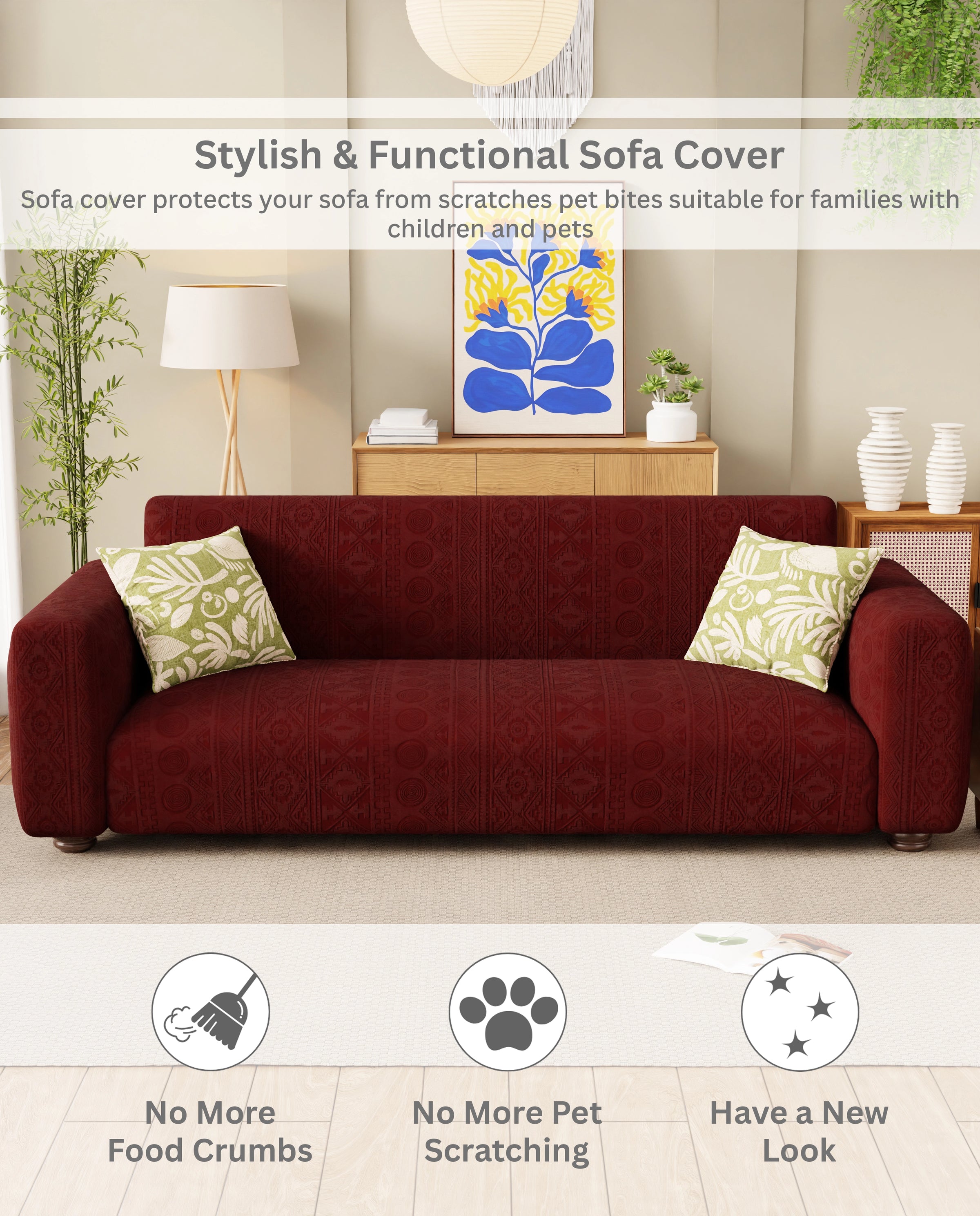 Lukzer Pastel Shades Textured Sofa Cover - Deep Maroon Tribal Design (SC-135-01)