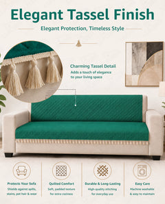 Lukzer 2 Seater Quilted Sofa Cover Mat with Tassels - Forest Green - SC-200-02T