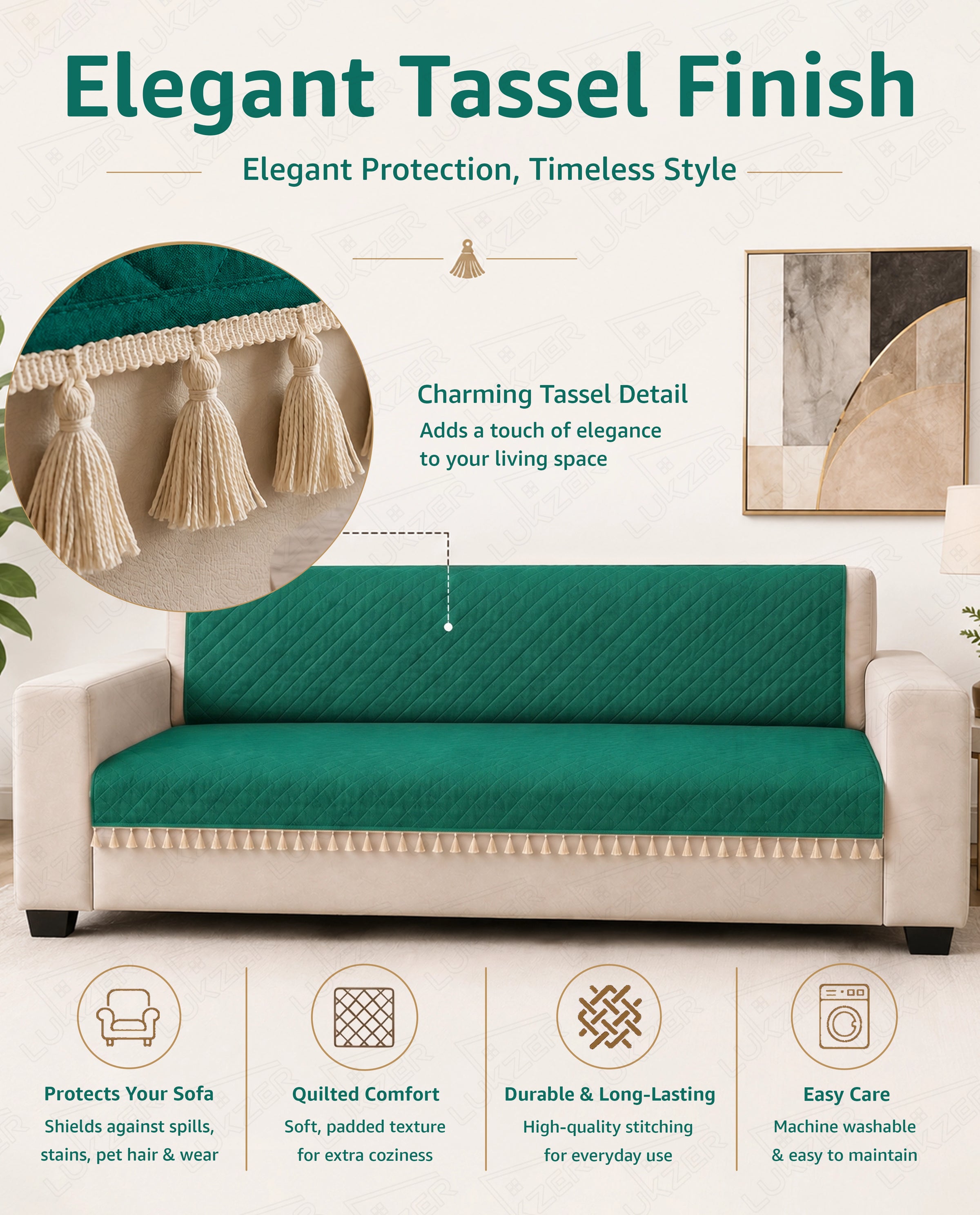 Lukzer 2 Seater Quilted Sofa Cover Mat with Tassels - Forest Green - SC-200-02T