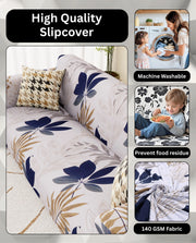 Lukzer Polyester Sofa Cover White Leaf Print (SC-017-01)