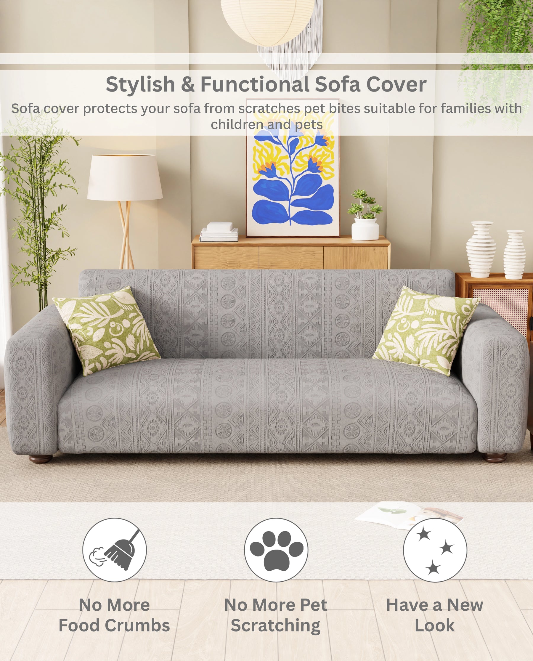 Lukzer Pastel Shades Textured Sofa Cover - Light Grey Tribal Design (SC-072-01)