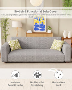 Lukzer Pastel Shades Textured Sofa Cover - Light Grey Tribal Design (SC-072-01)